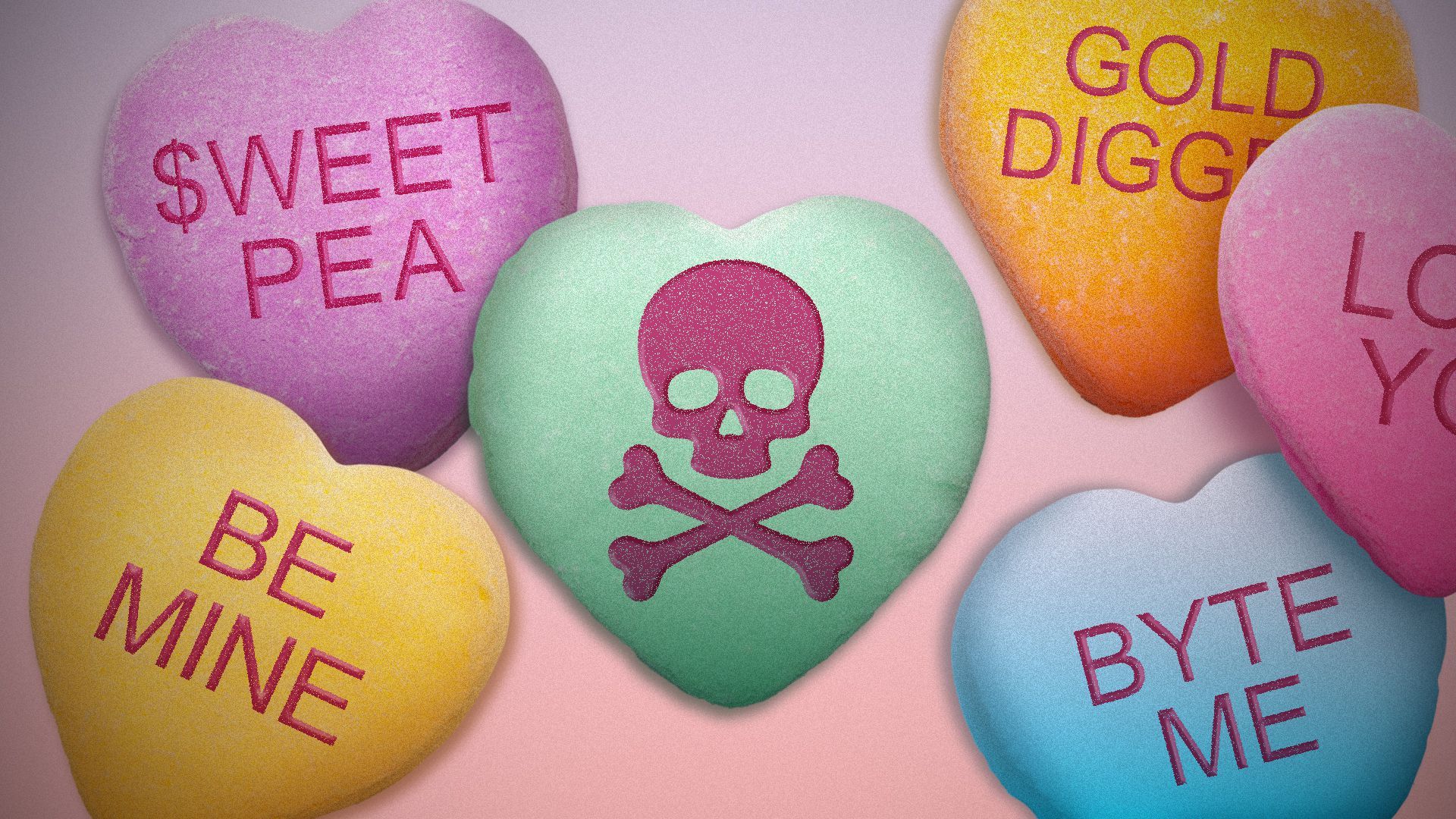 Illustration of sweet hearts candy with a skull and crossbones, "Byte Me", "$weet Pea", "Gold Digger", "Be Mine" and "Love You" written on them.
