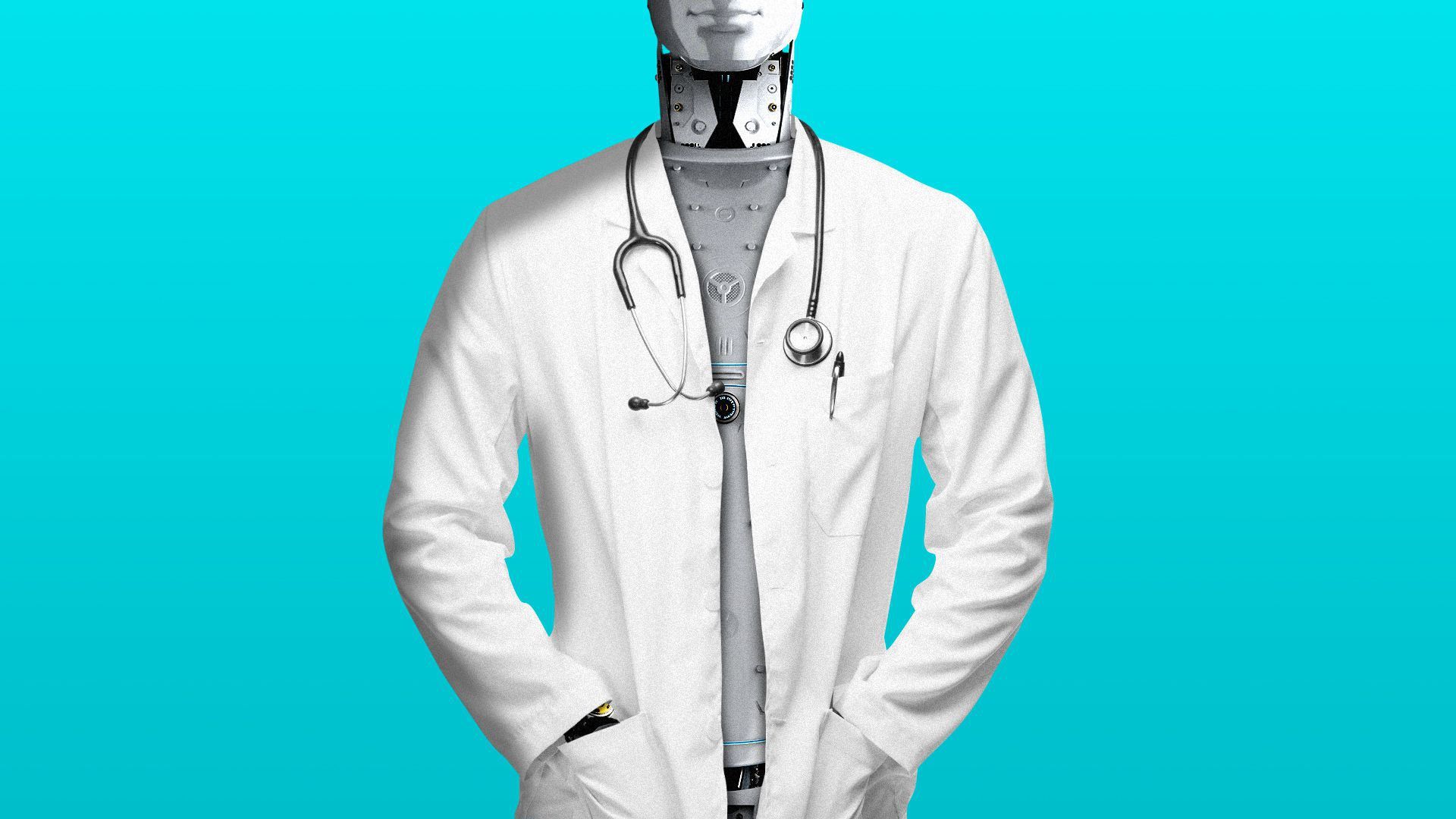 Illustration of a robot in a lab coat with a stethoscope.