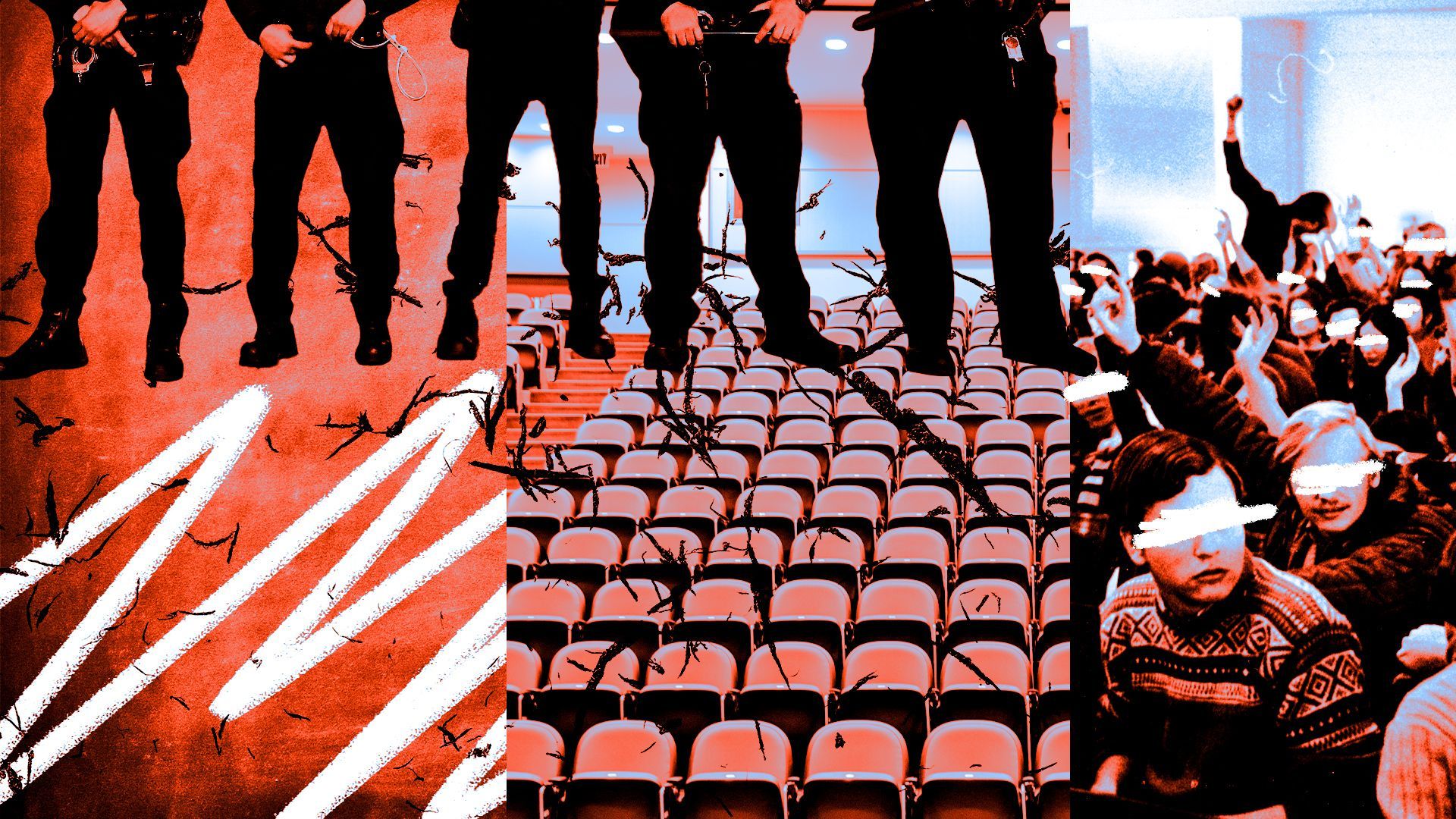 Photo illustration of a collage made up of students, police officers, an empty lecture hall, and a chalkboard. 
