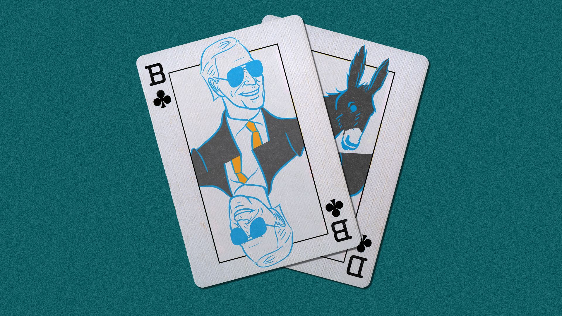 Illustration of two playing cards, one with Joe Biden on it and one with a donkey on it.