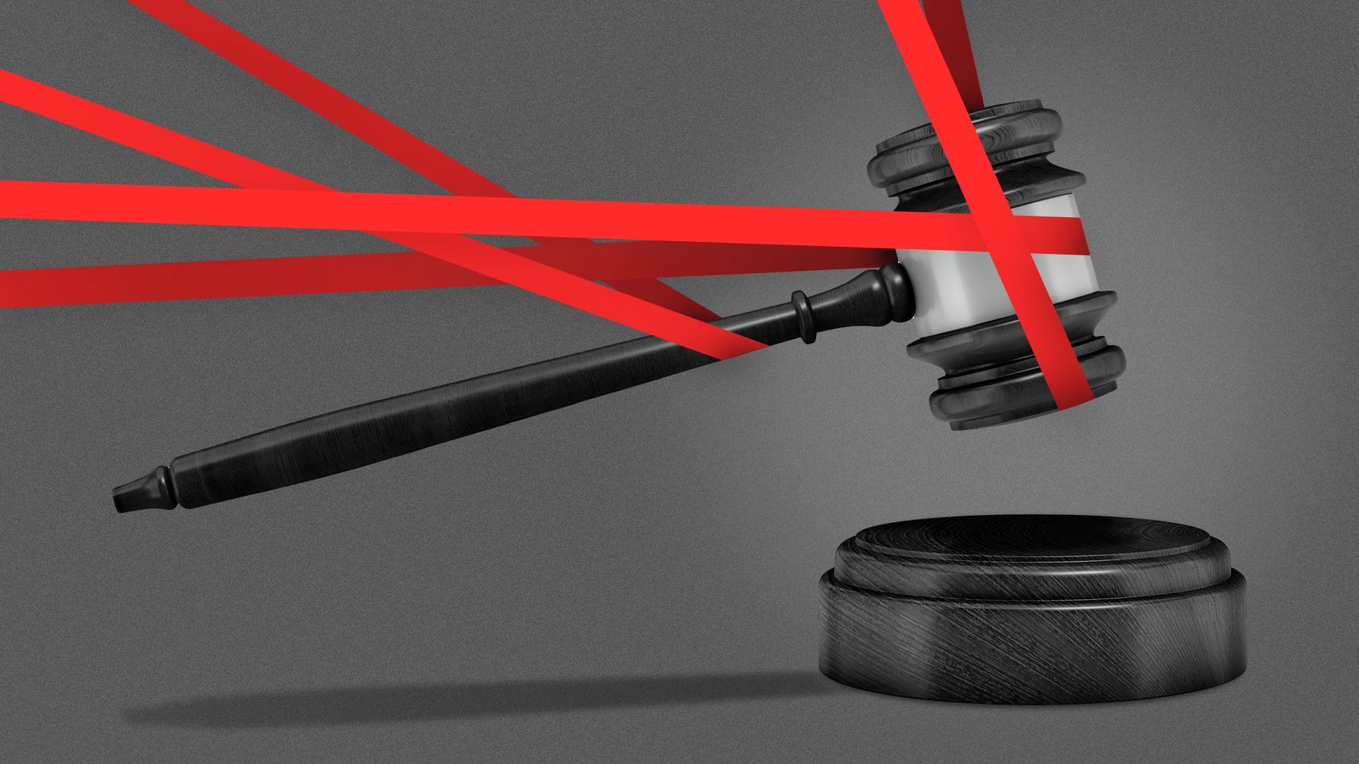 Illustration of red tape holding a gavel back from striking a block.