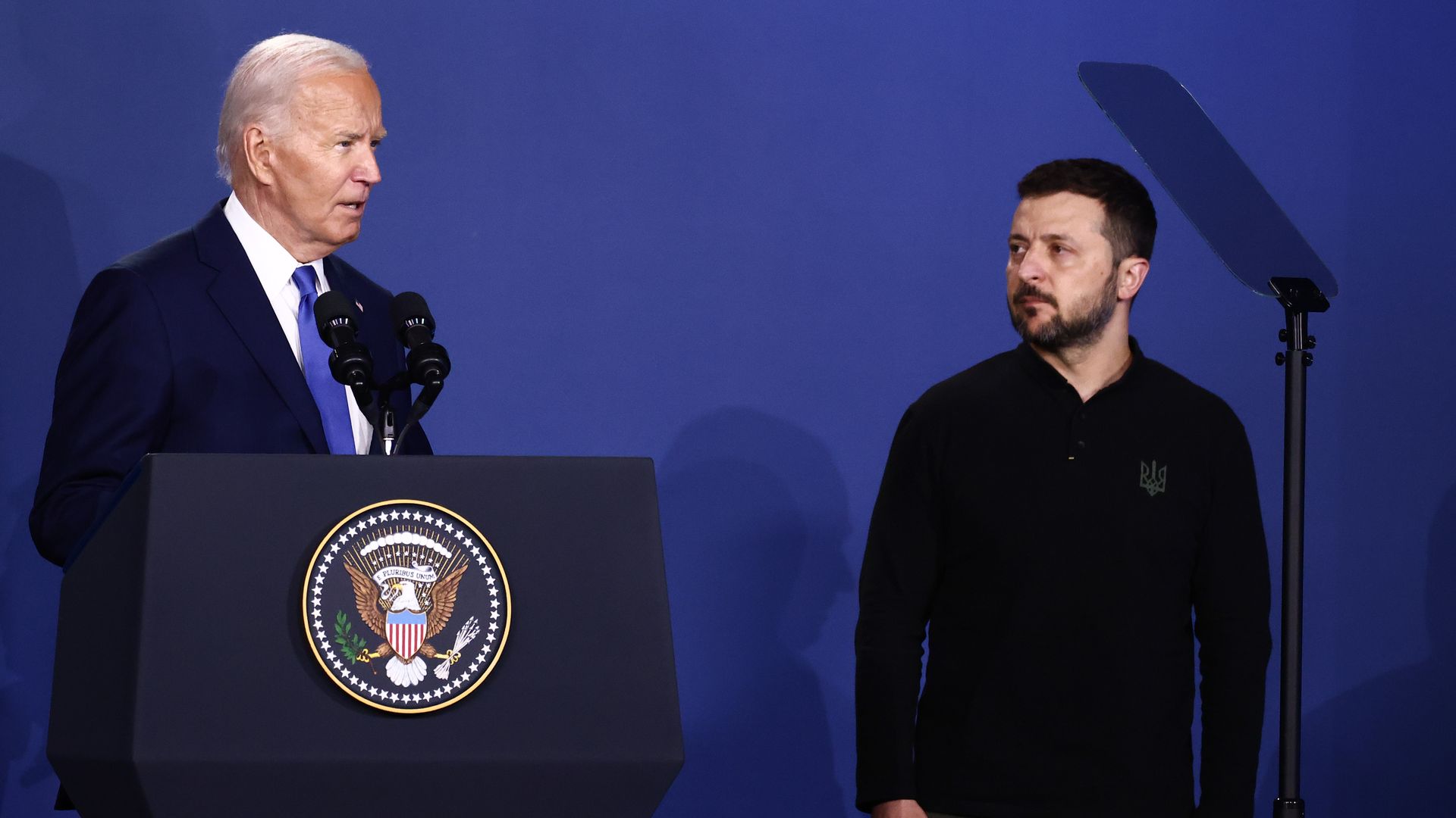 President Biden and Ukraine President Volodymyr Zelenskyy attend the Ukraine Compact meeting during the 75th NATO Summit in the Walter E. Washington Convention Center in Washington, DC, on July 11.