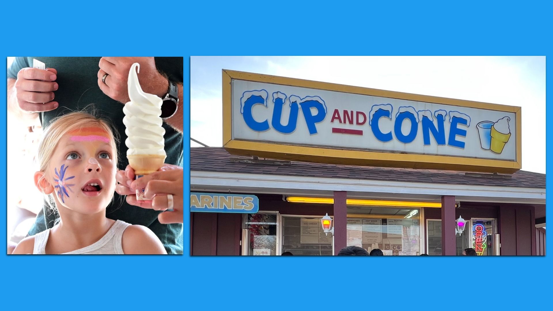 Two-panel image: left shows a face-painted girl watching a tall vanilla ice-cream cone; right shows a sign reading "CUP AND CONE" with a cartoon ice-cream.