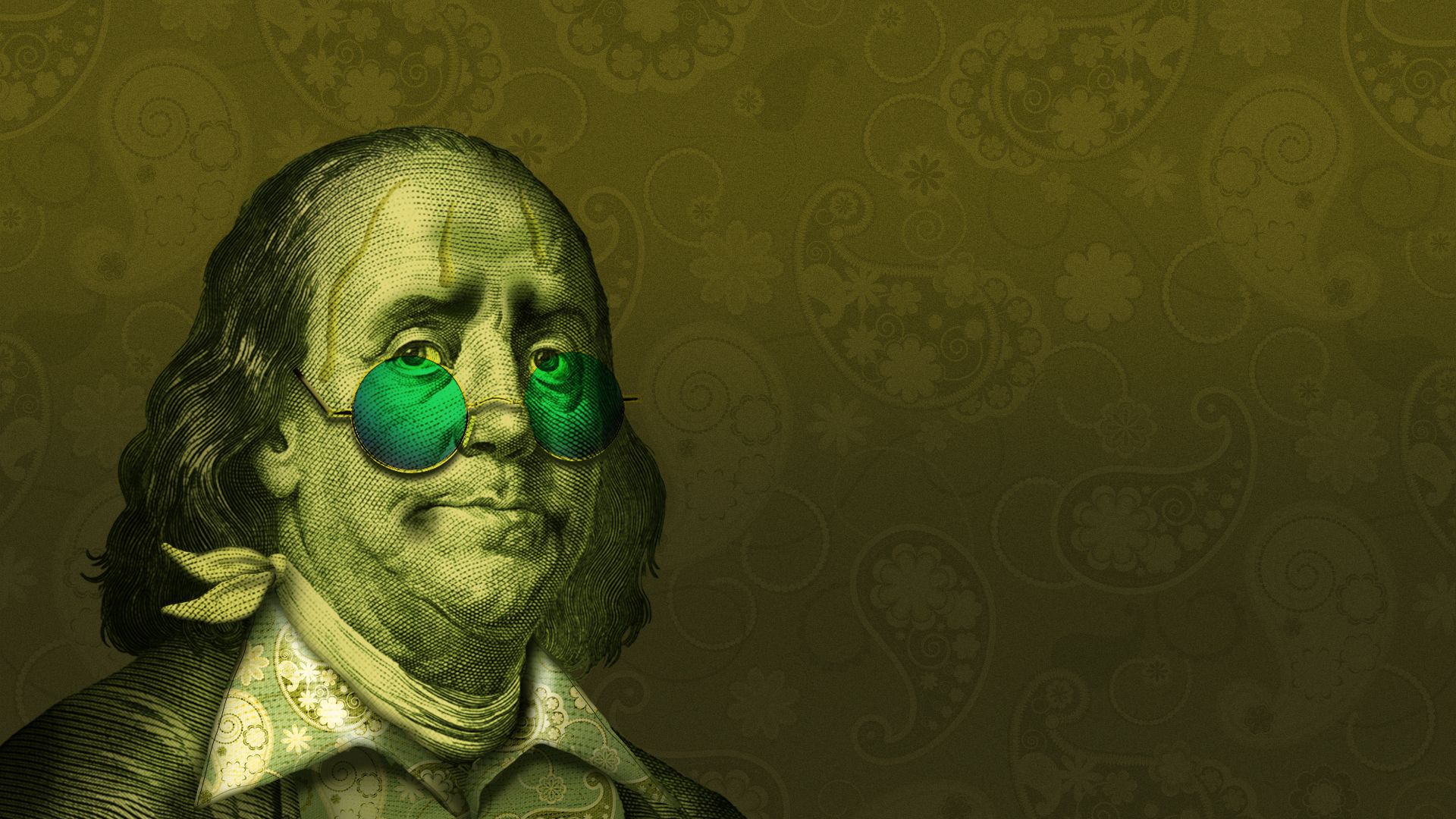 Illustration of a sweaty and concerned looking Benjamin Franklin dressed in 70's attire