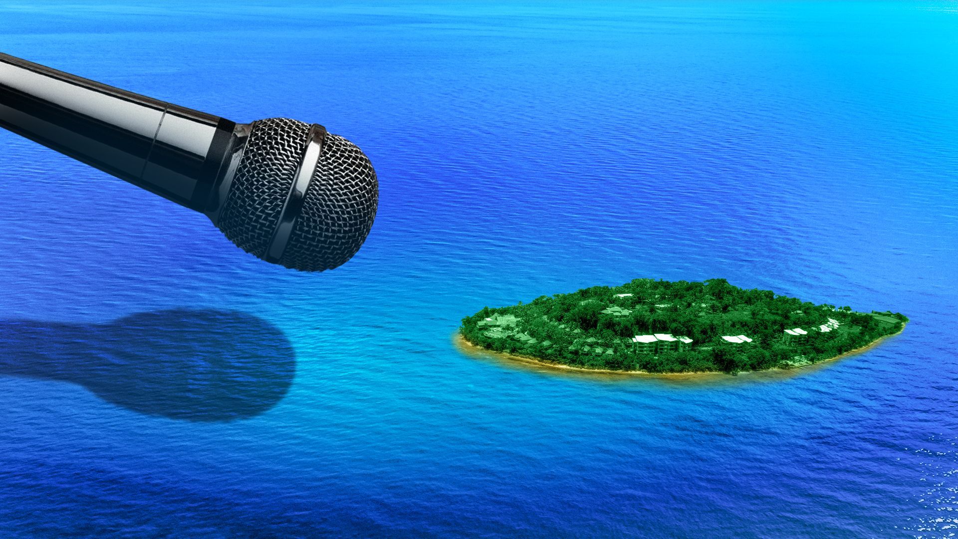 Illustration of Port Vila, the capital of Vanuatu, with a microphone pointed towards it.