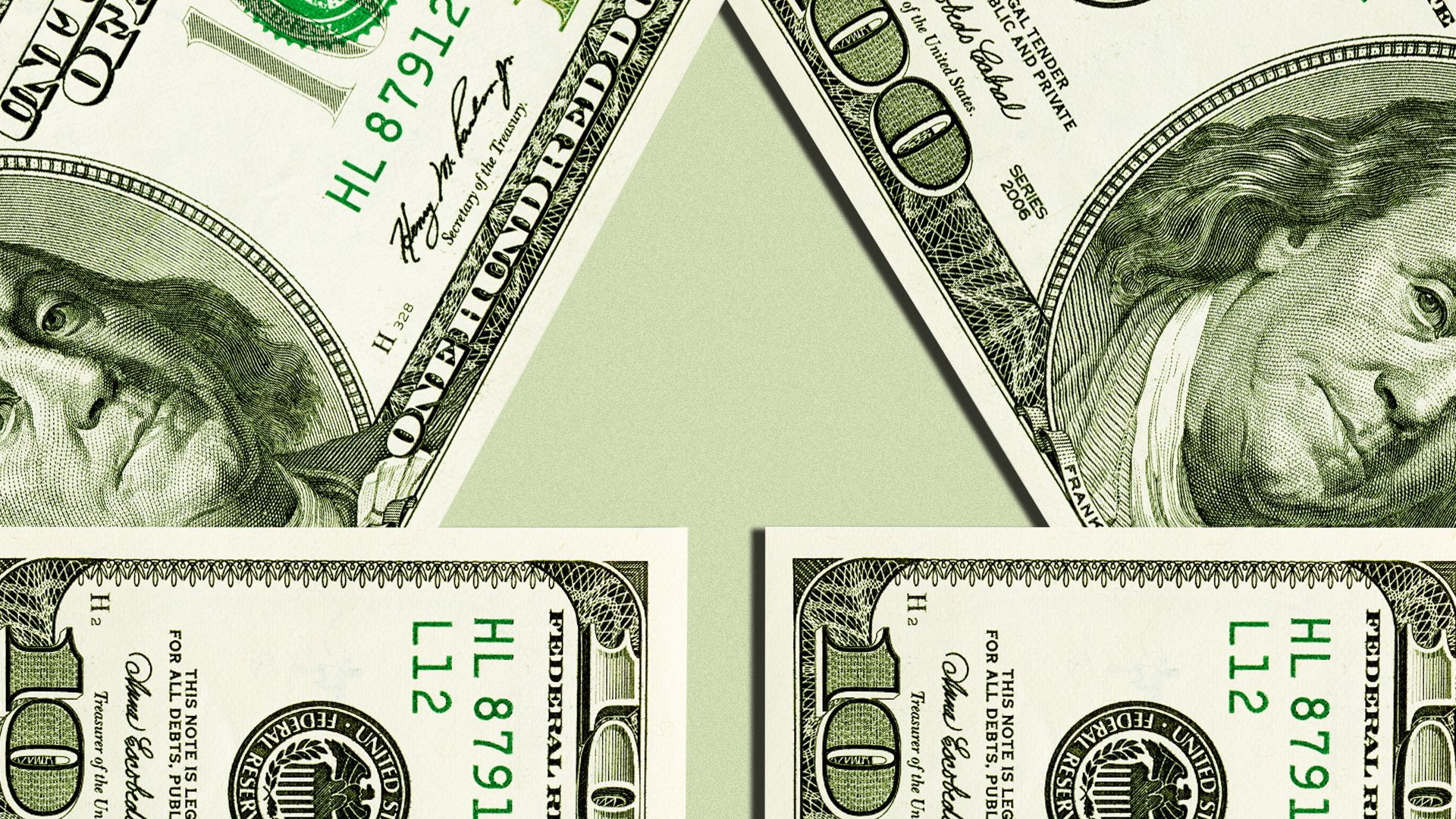Illustration of hundred dollar bills laid over each other forming an upward pointing arrow in the negative space. 