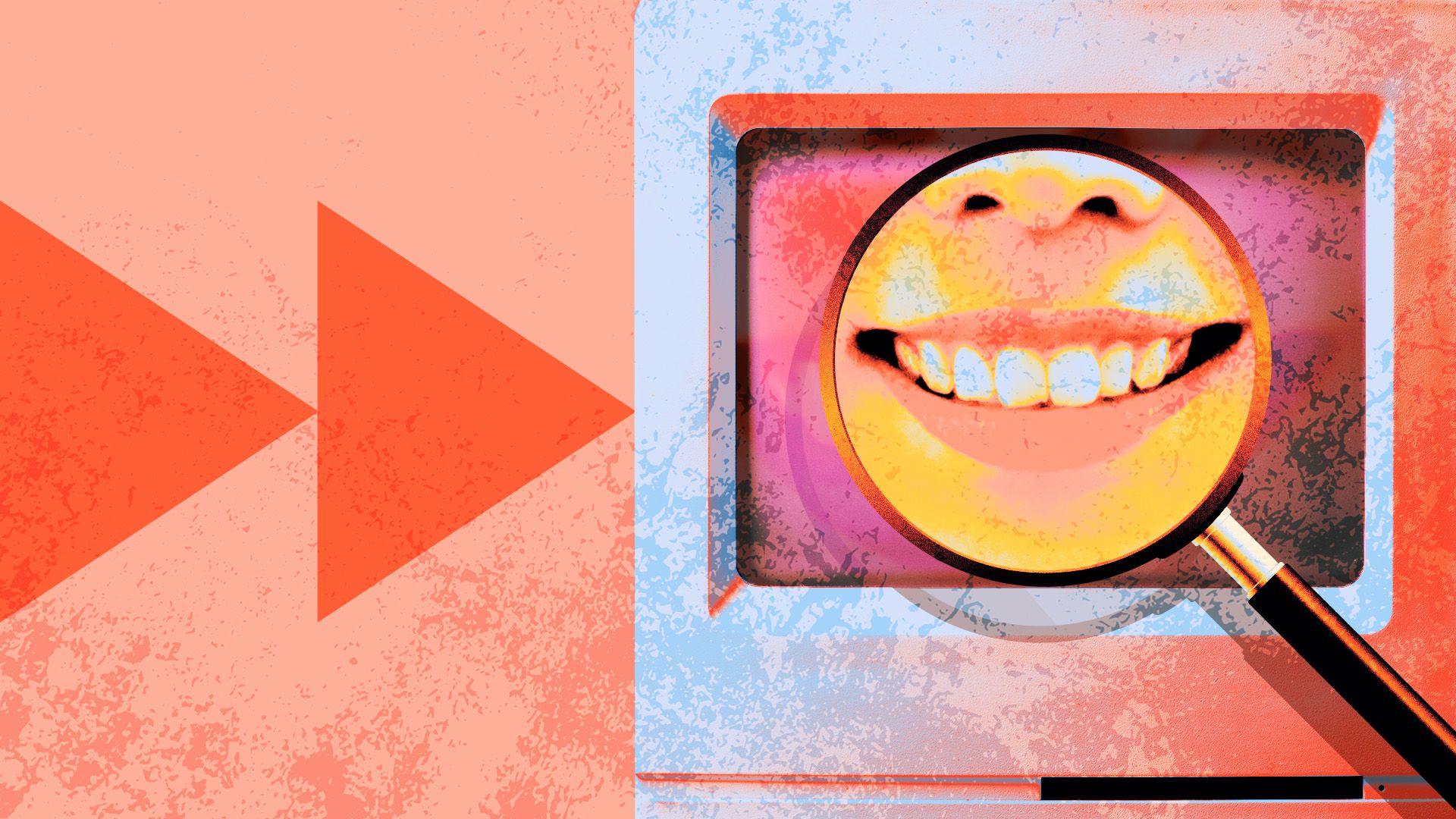 Illustration collage of a magnifying glass over a computer revealing a person's smile