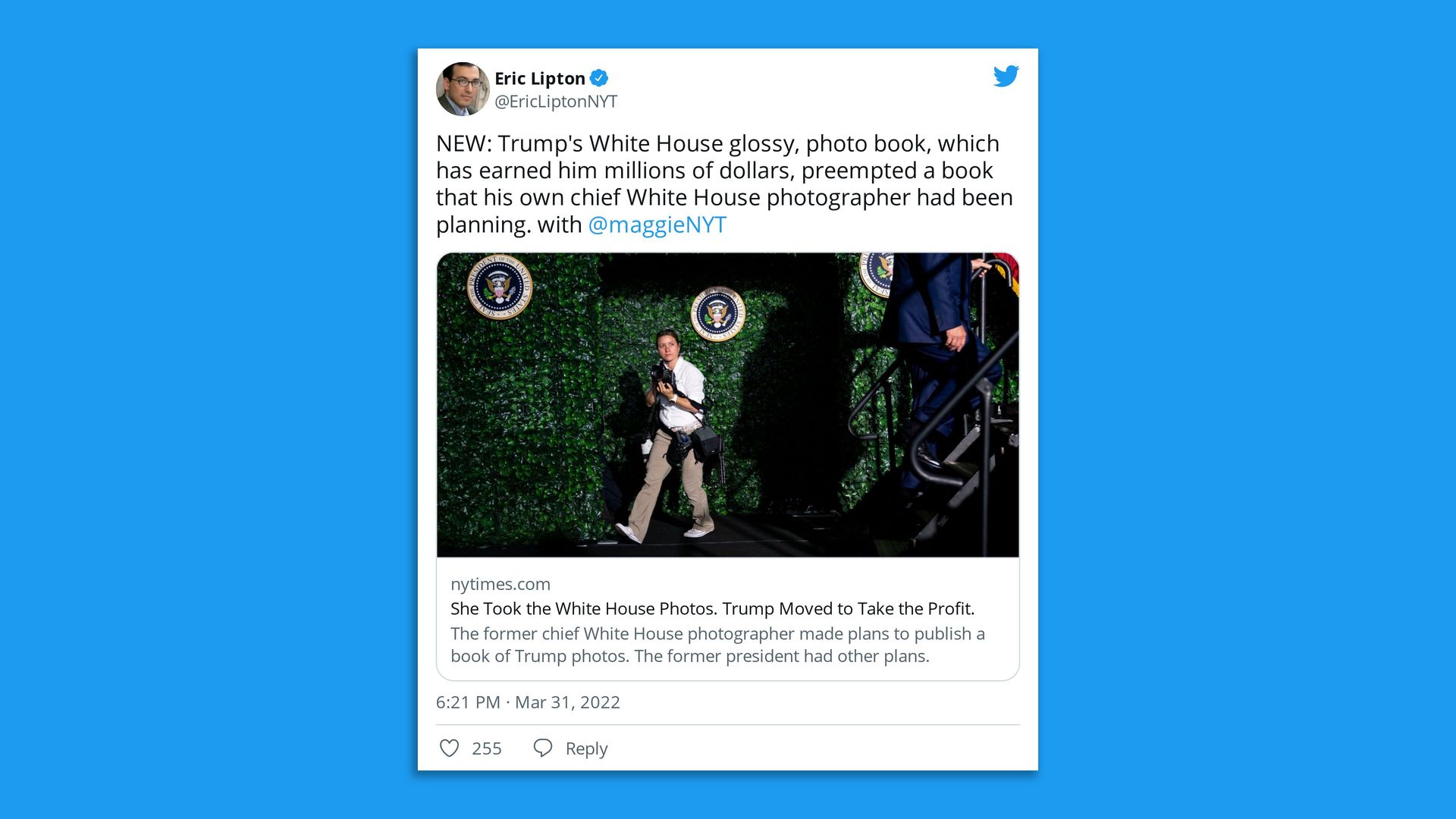 A screen grab shows a tweet about former President Trump undercutting a book deal by his official photographer.