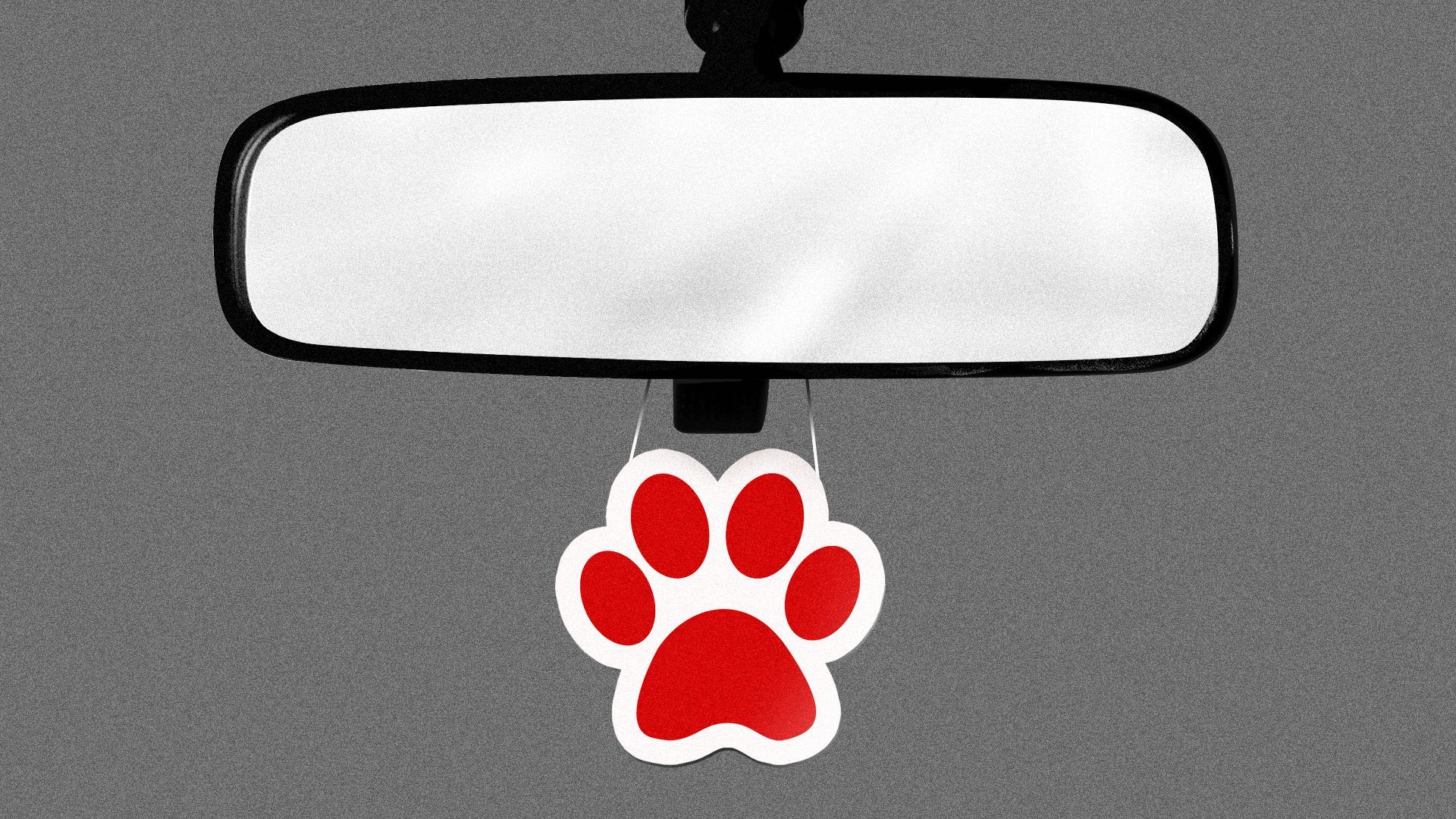 an illustration of a paw print shaped air freshener hanging from a car rear view mirror