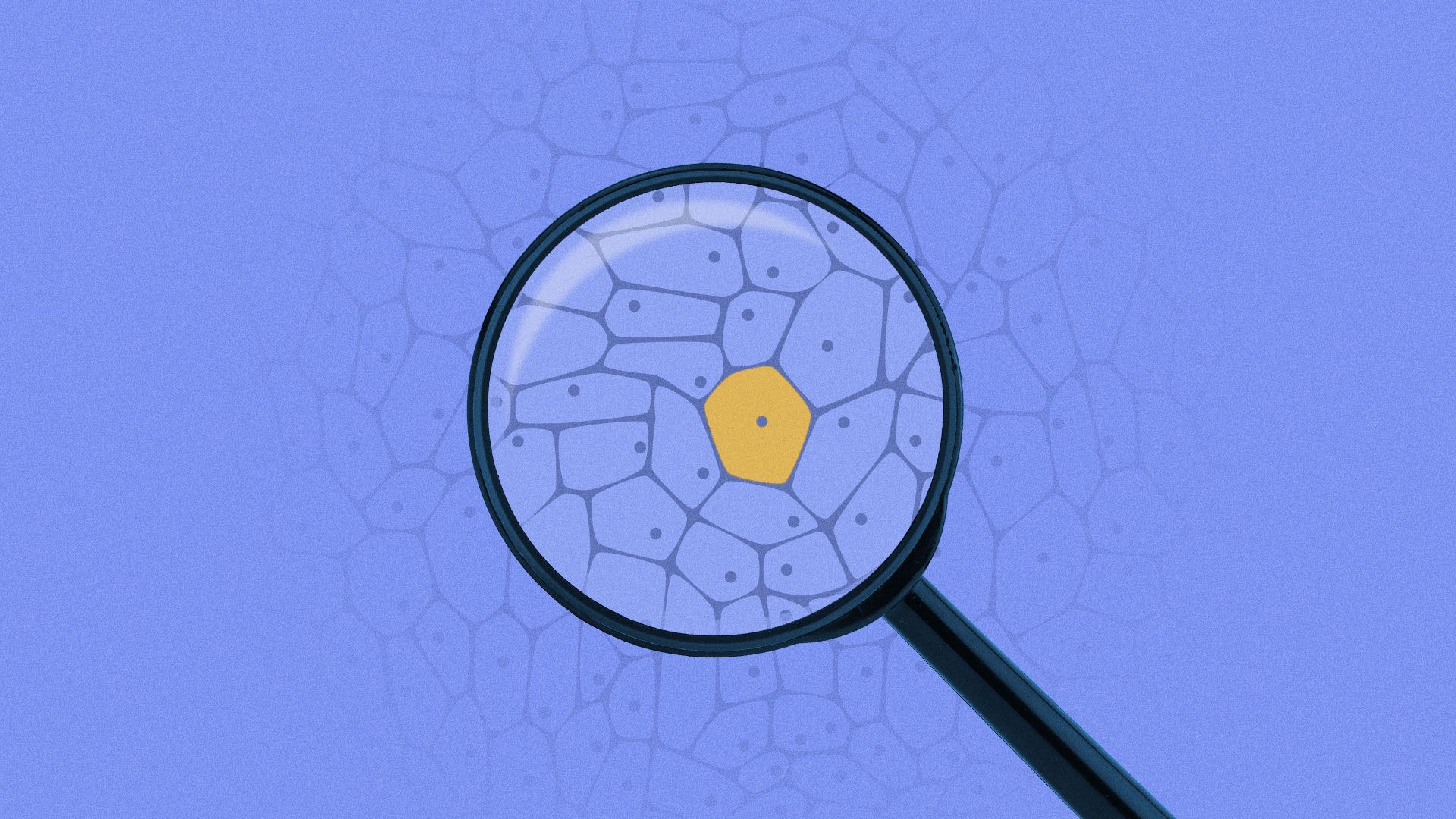 Illustration of magnifying glass over a cell pattern with a single glowing cell