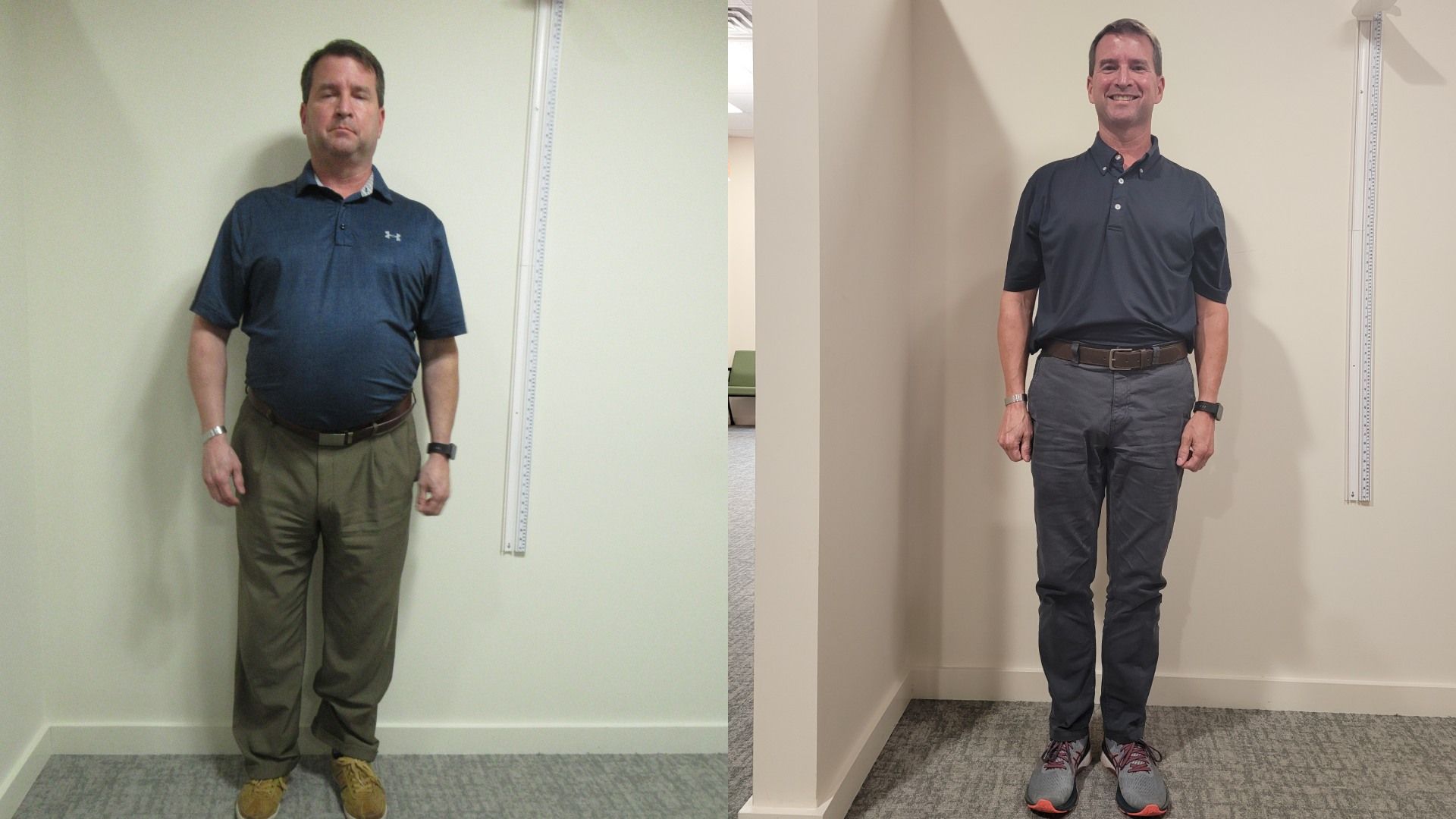 Before-and-after photo of a man: left a heavier man in a blue polo and khaki pants beside a measuring ruler; right a slimmer man in a dark polo and gray pants, smiling in a beige hallway.