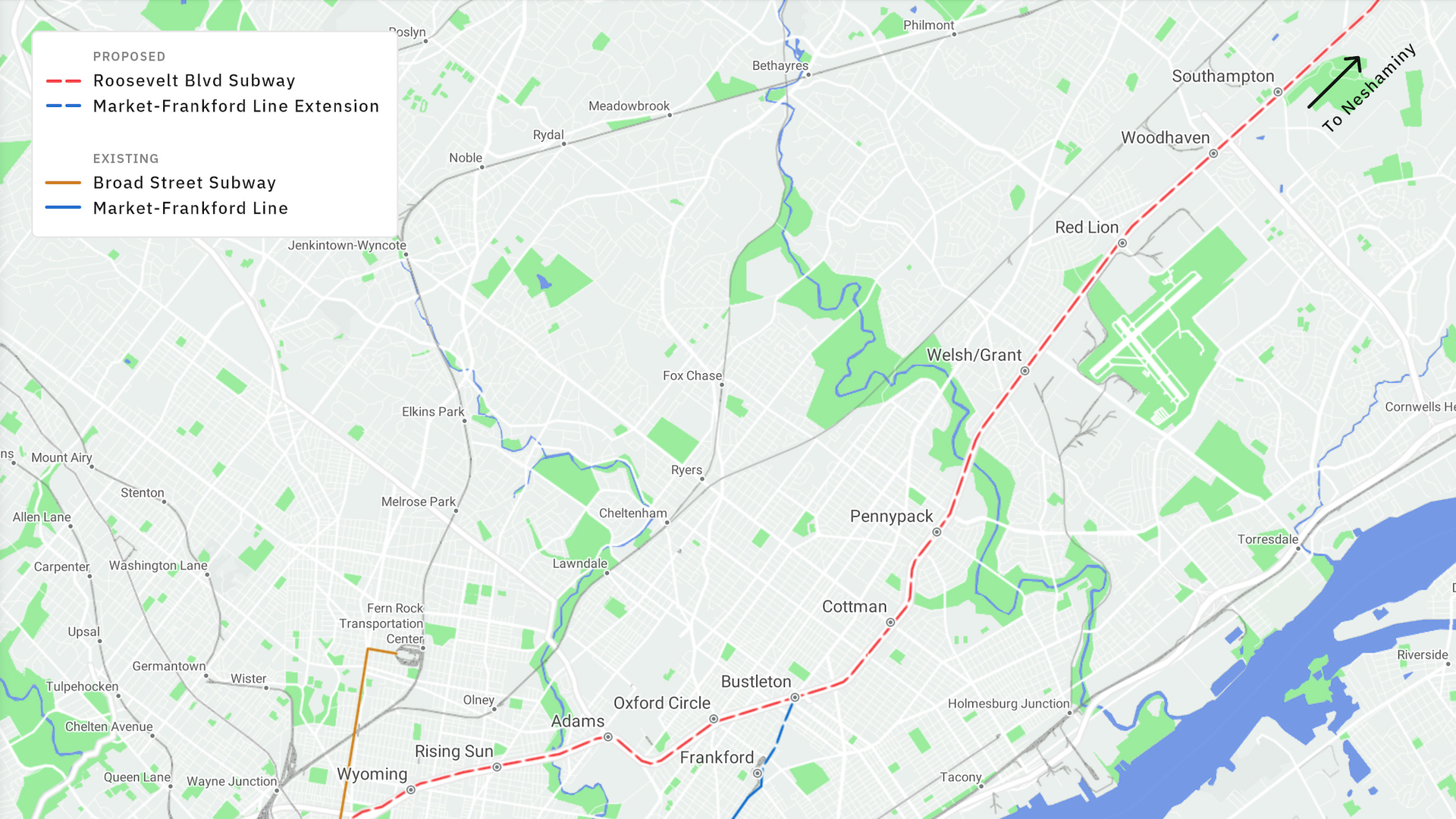 A detailed map for a proposed subway line running through Northeast Philadelphia
