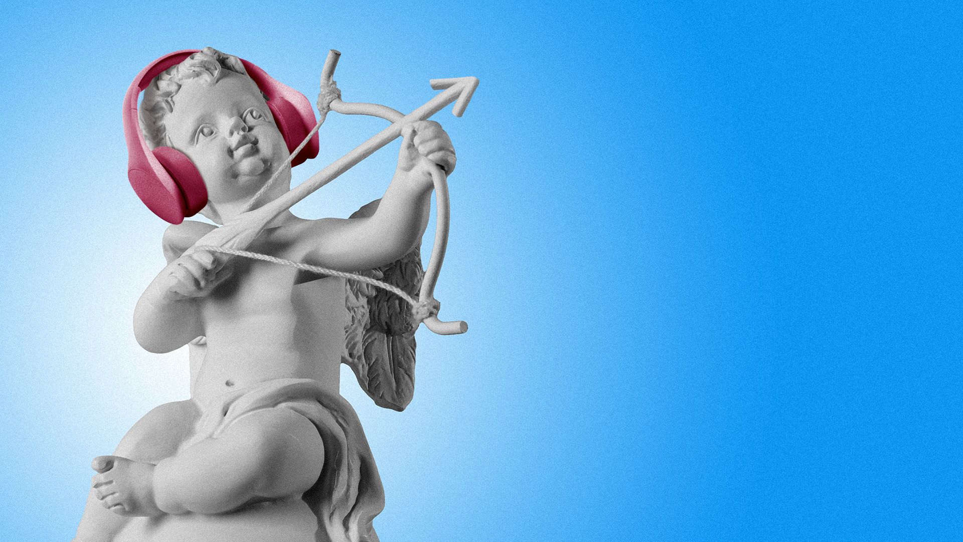 Illustration of a Cupid statue wearing headphones.