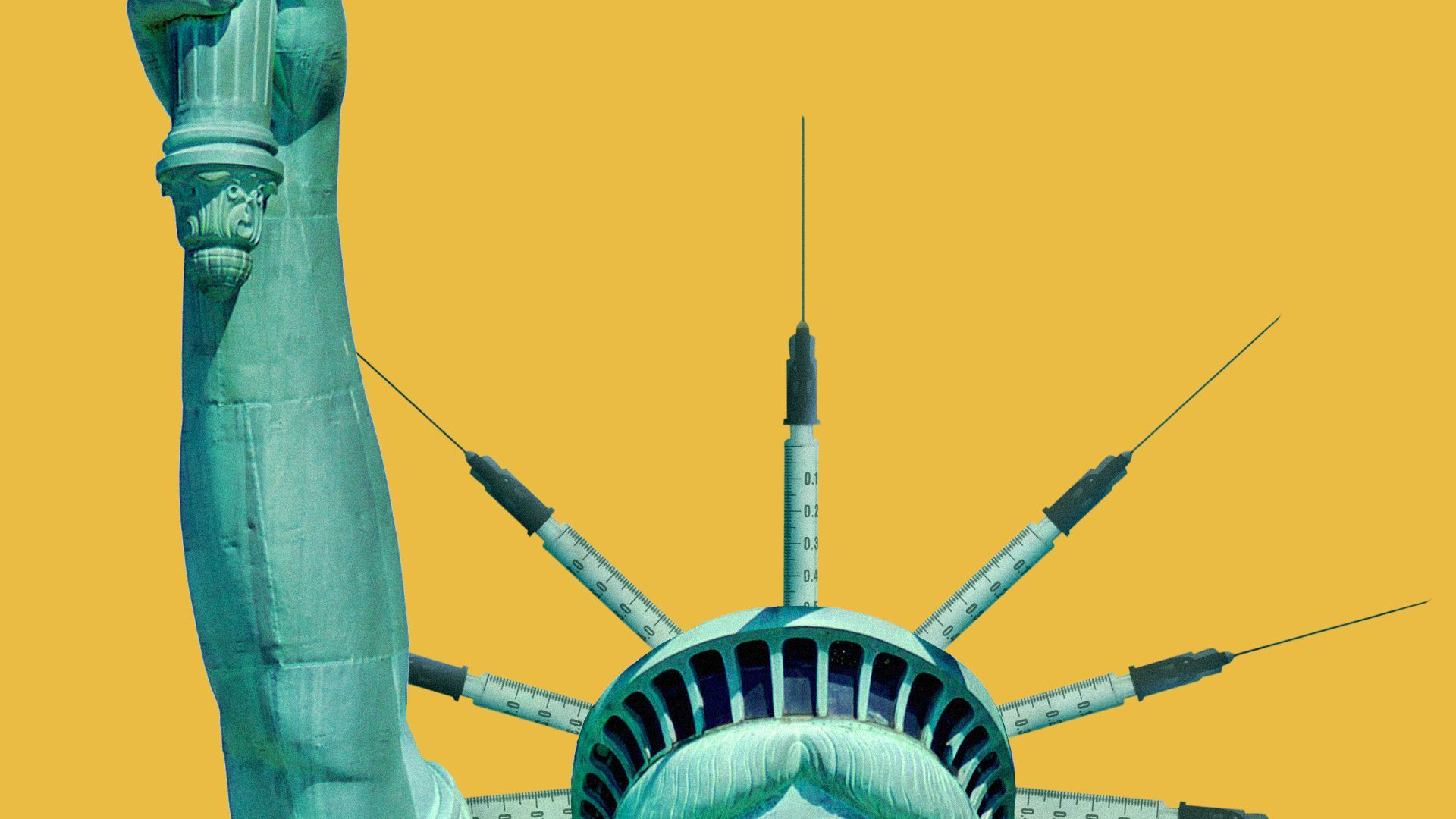 Illustration of the Statue of Liberty with syringes as part of the crown.