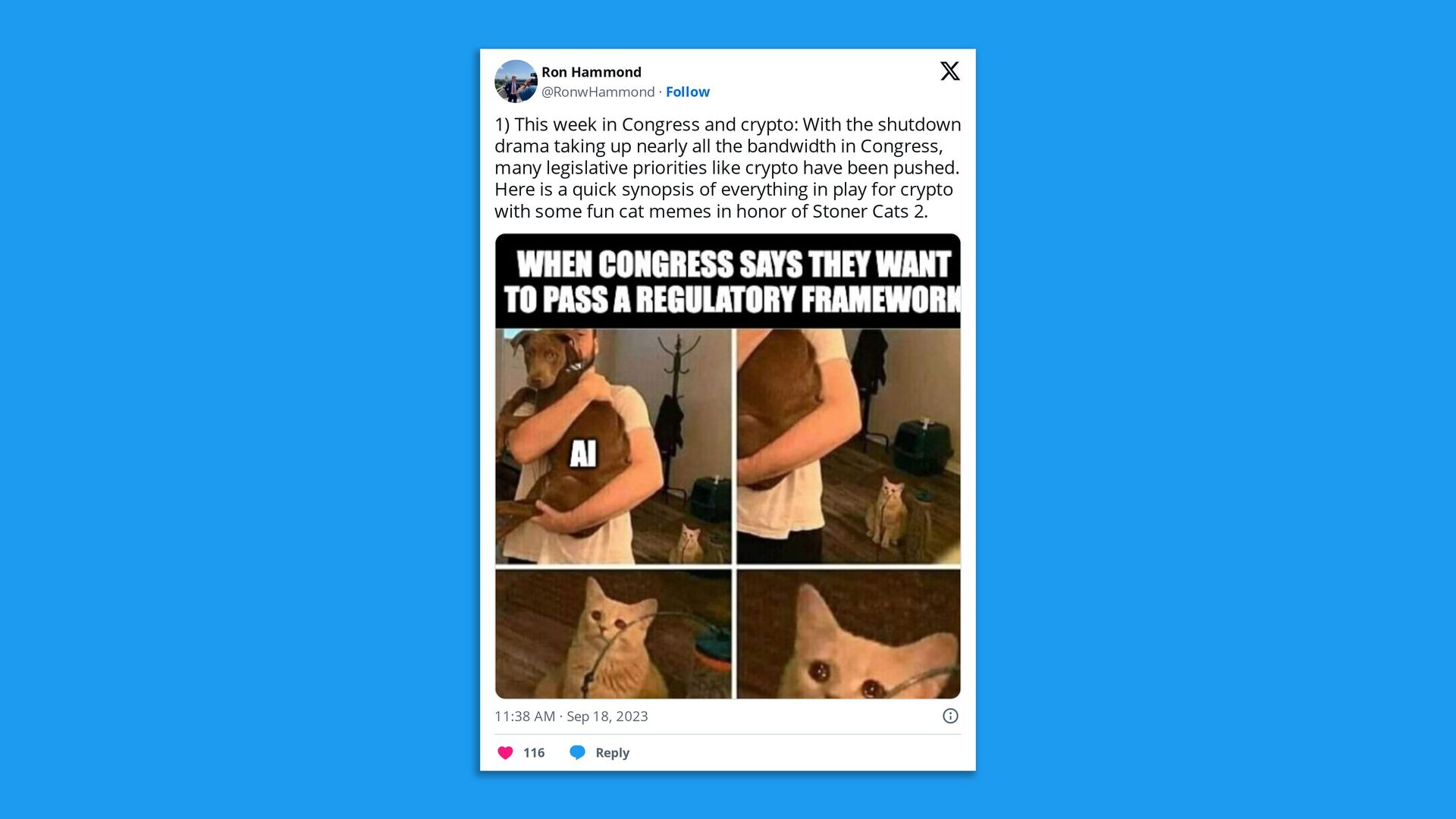 A screenshot of a social media post about crypto policy