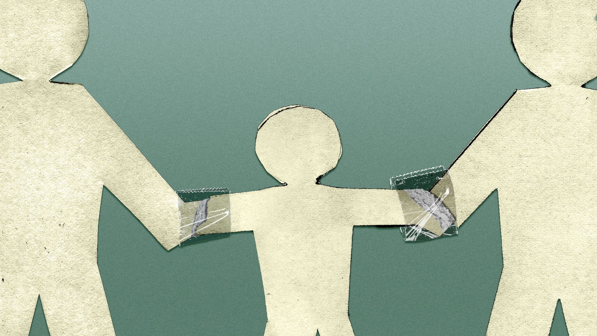 Illustration of a paper cutout family that has been ripped apart and taped back together.