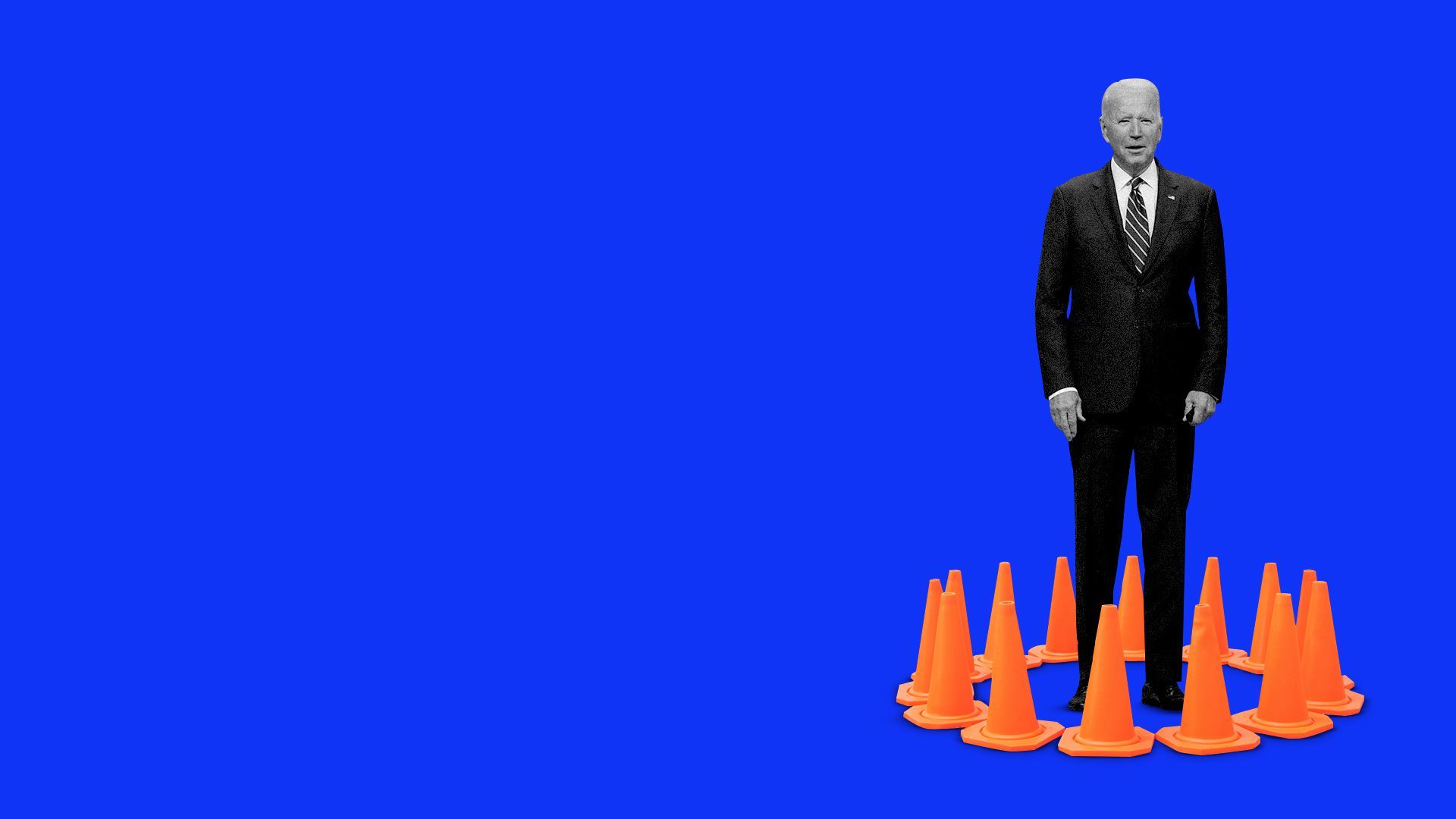 Photo illustration of Joe Biden surrounded by traffic cones. 