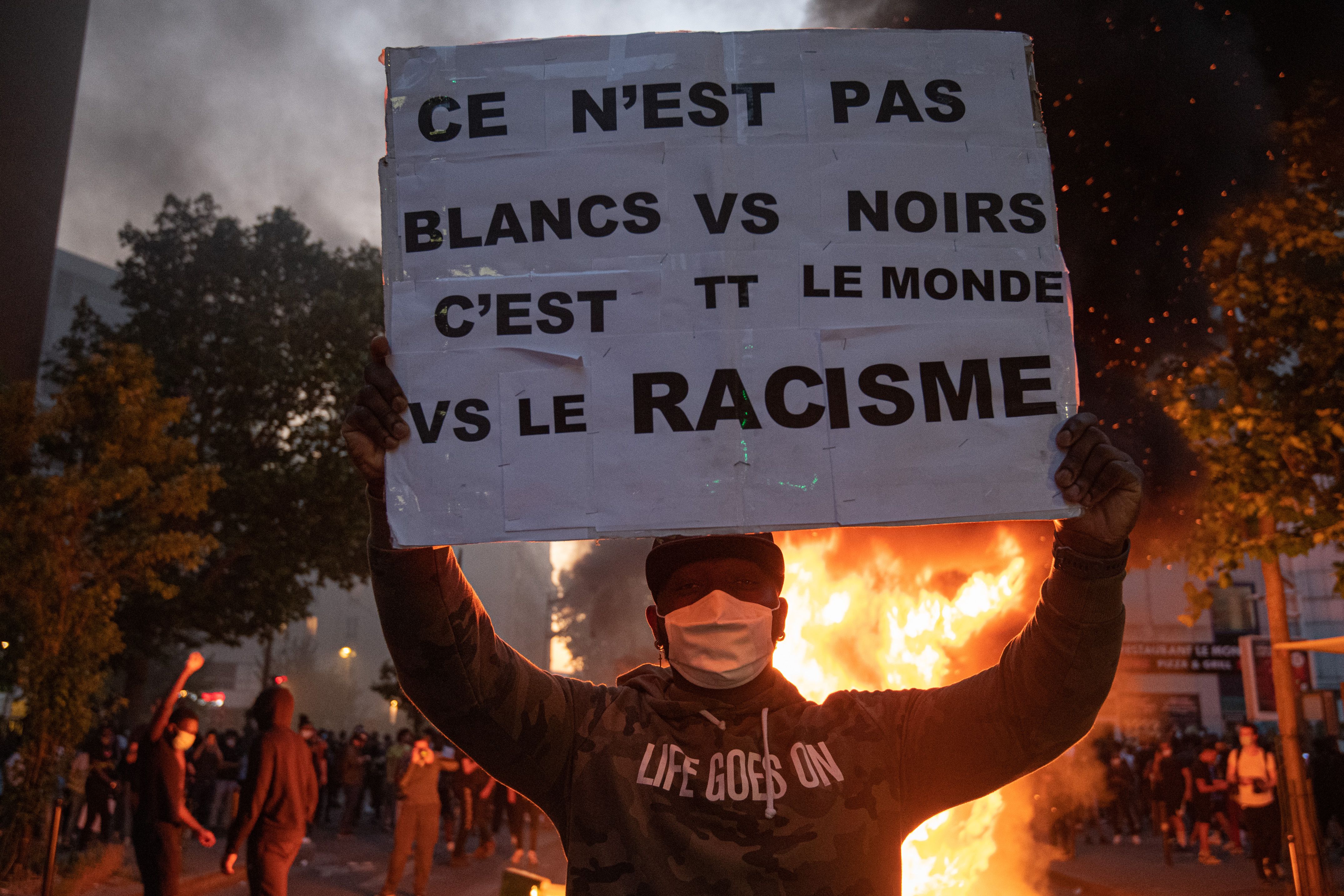 A burning barricade following the intervention of security forces in a protest against police brutality at the "Tribunal de Paris" courthouse on June 2, 2020 in Paris, France.