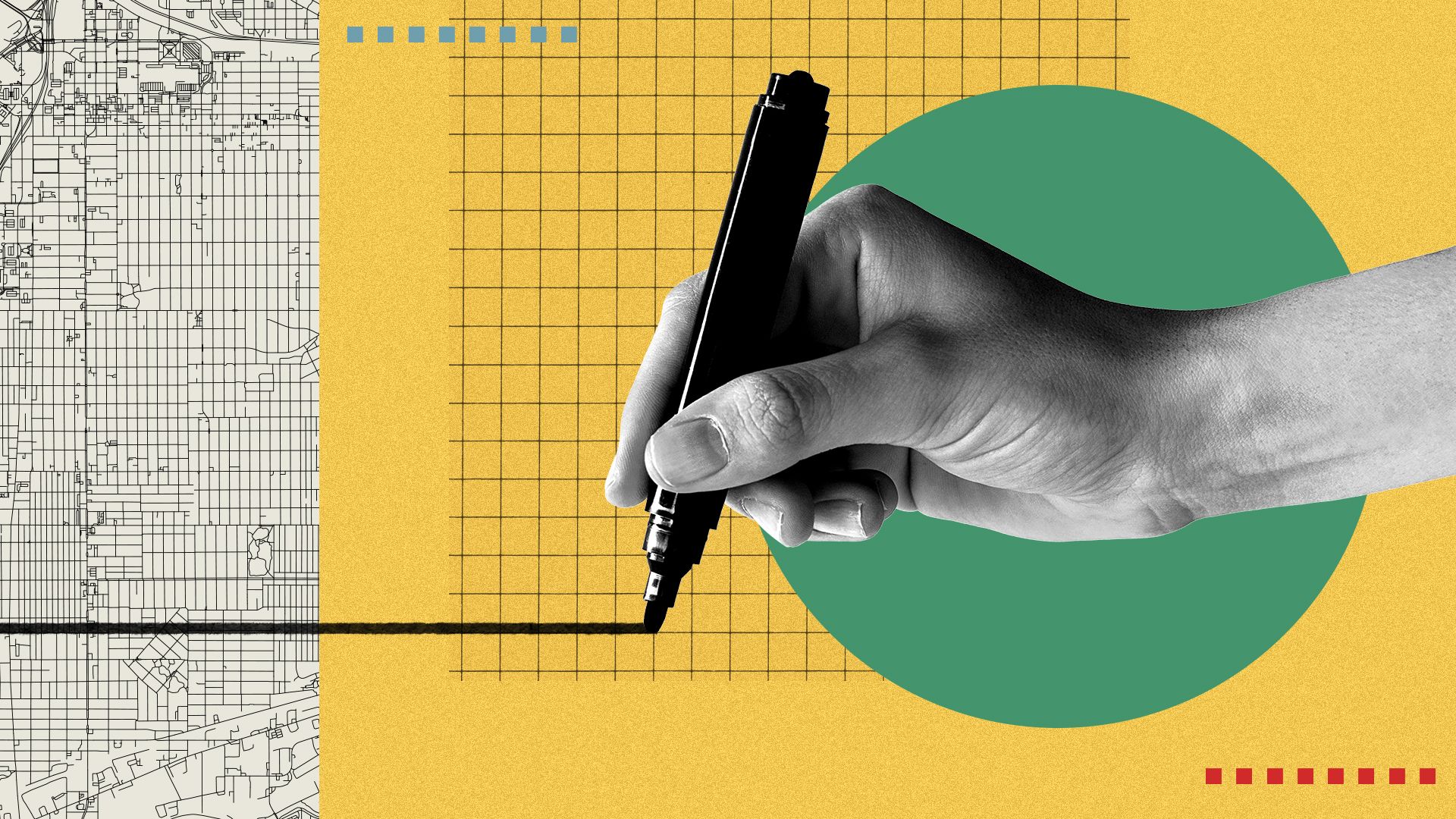 Photo illustration of a hand drawing a line with a marker inside a circle with a grid and the map of Portland in the background.