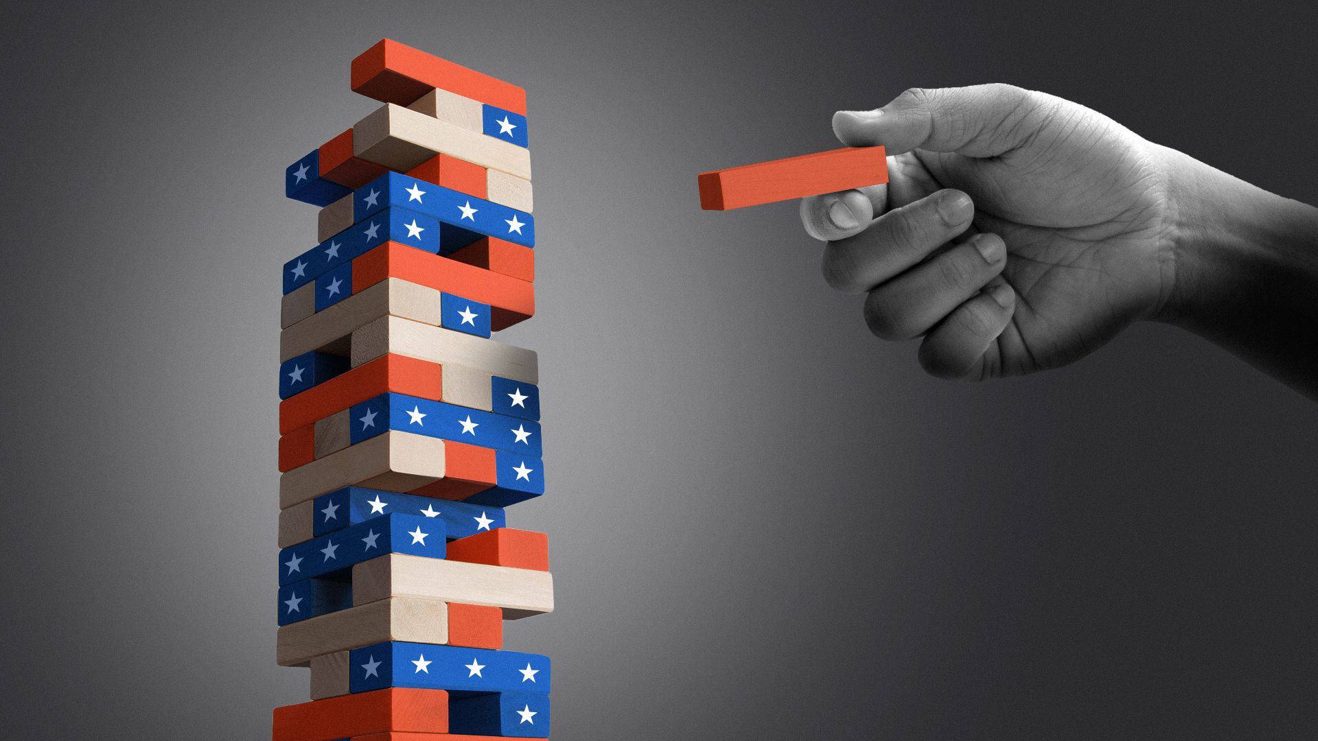Illustration of a hand pulling a block out of a red, white, blue and spangled wooden block tower.