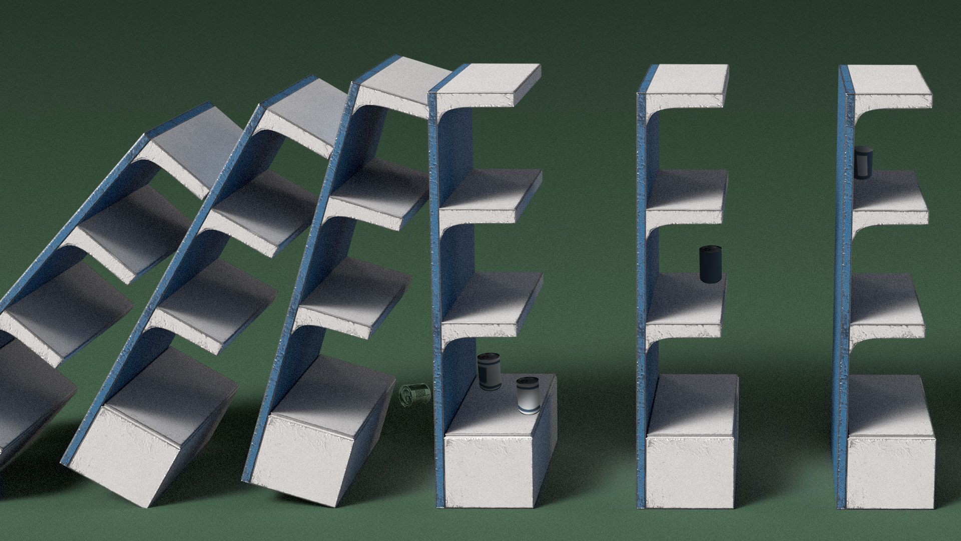 Illustration of store shelves falling over like dominoes.