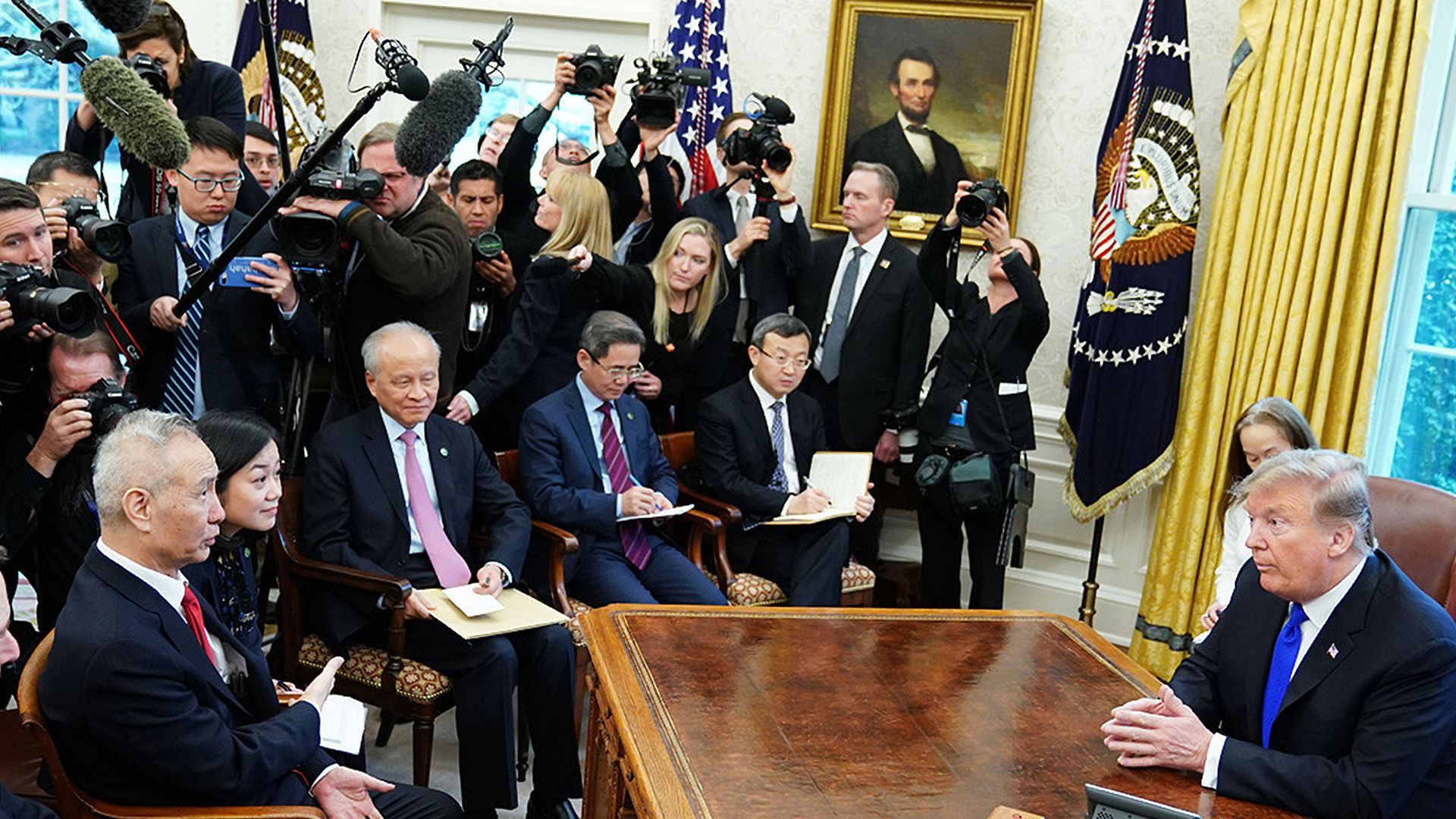 China's Vice Premier Liu He (left) speaks during a meeting with President Trump. Mandel Ngan/AFP/Getty Images