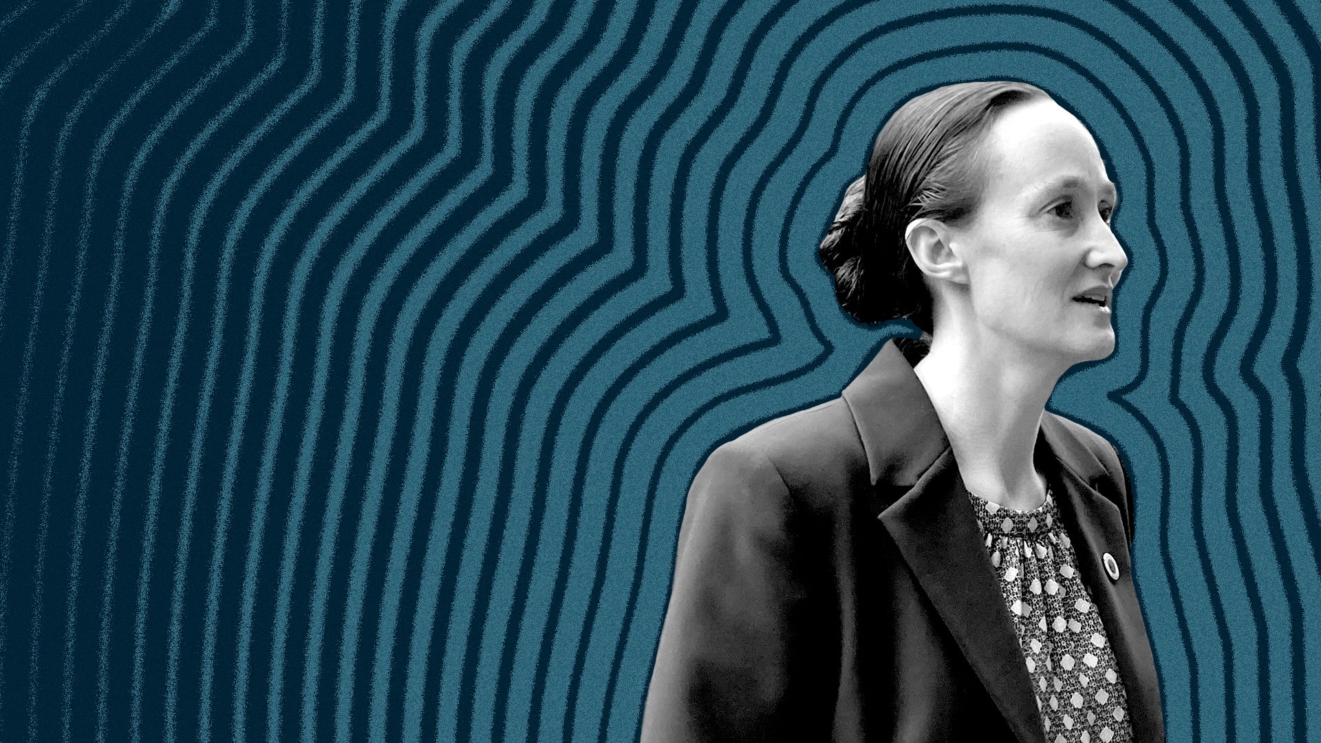 Photo illustration of Katie Wilson with lines radiating from her.