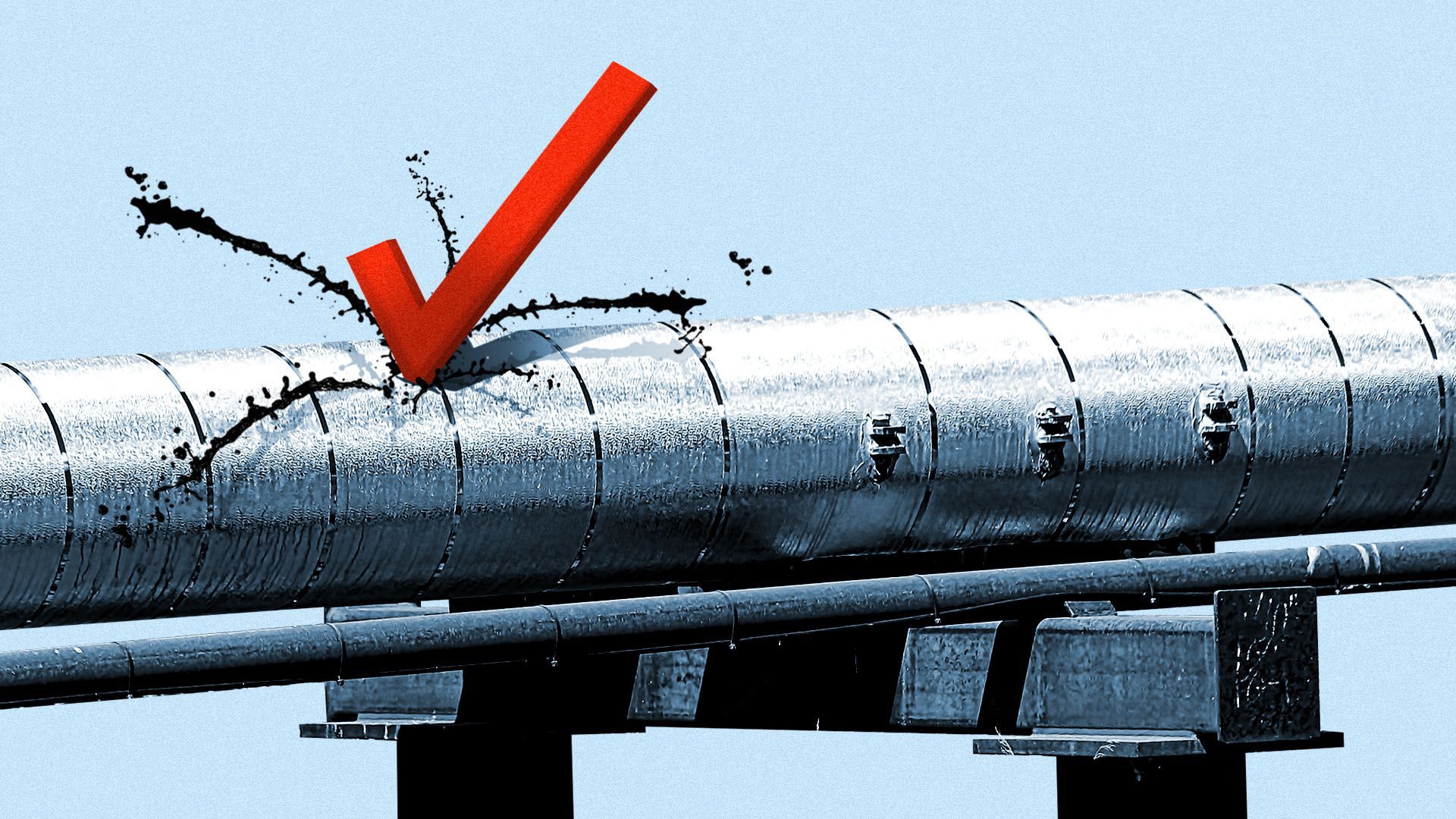 Illustration of a voting checkmark puncturing an oil pipeline