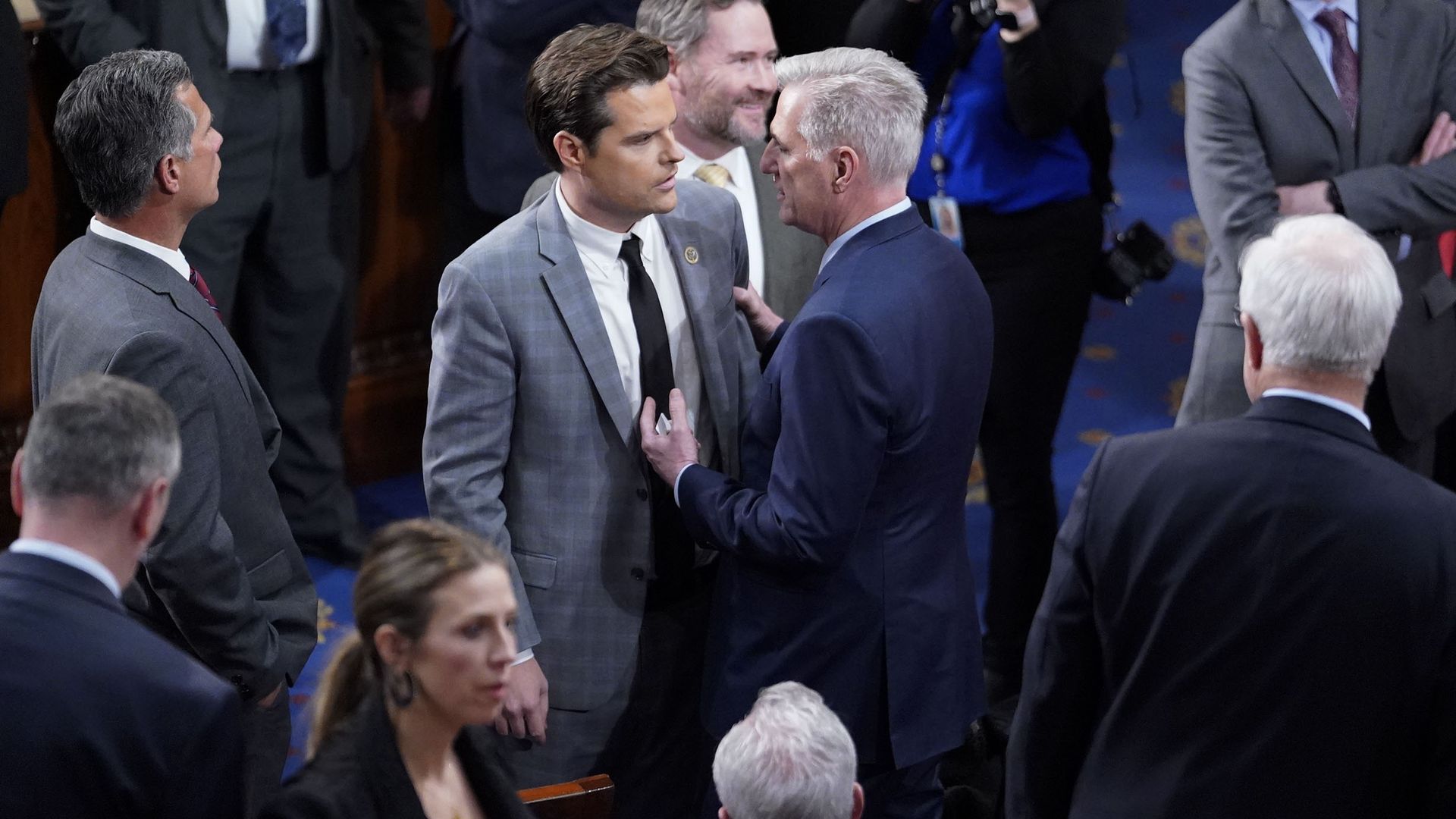 Then-House Majority Leader Kevin McCarthy and Rep. Matt Gaetz during the speaker elections earlier in January.