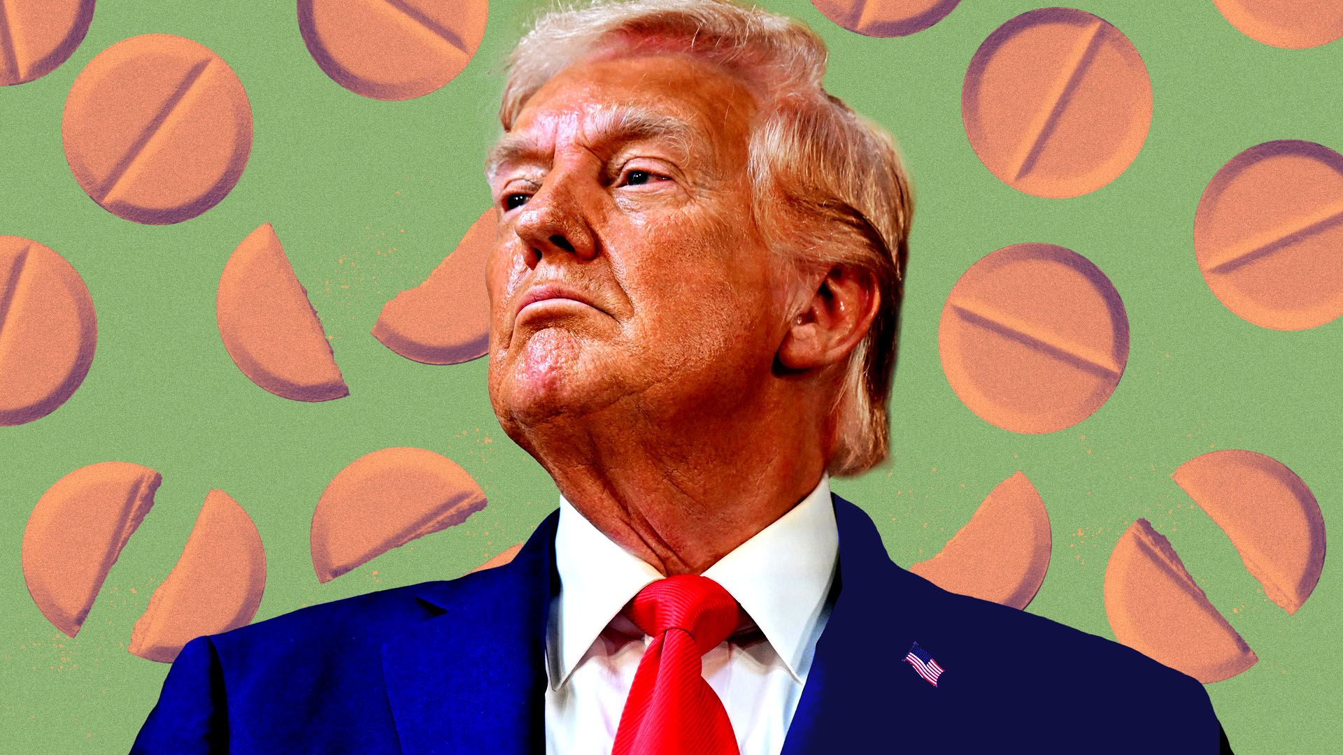 Photo illustration of President Trump in front of a pattern of pills that are breaking apart 