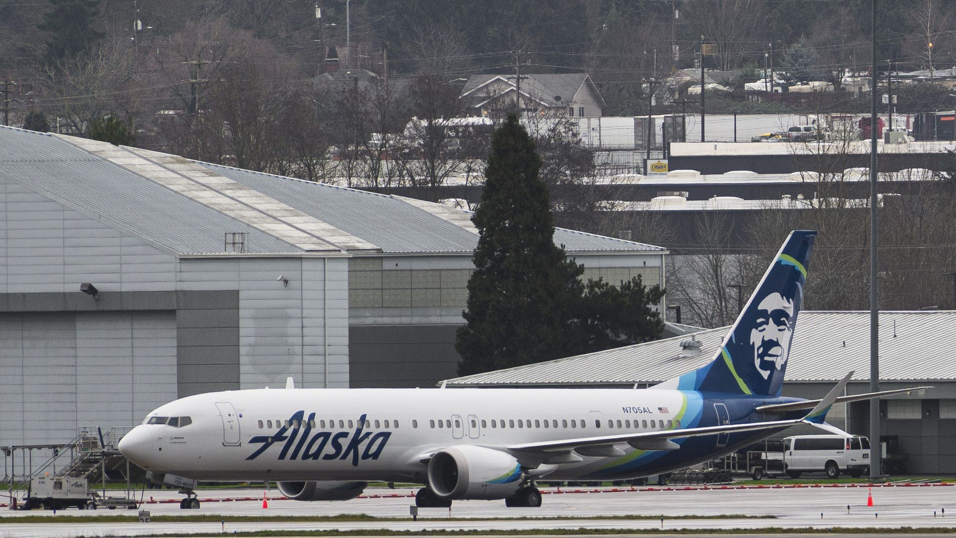 Alaska Airlines Boeing 737 MAX 9 aircraft N705AL is seen grounded in Portland on Jan. 9.