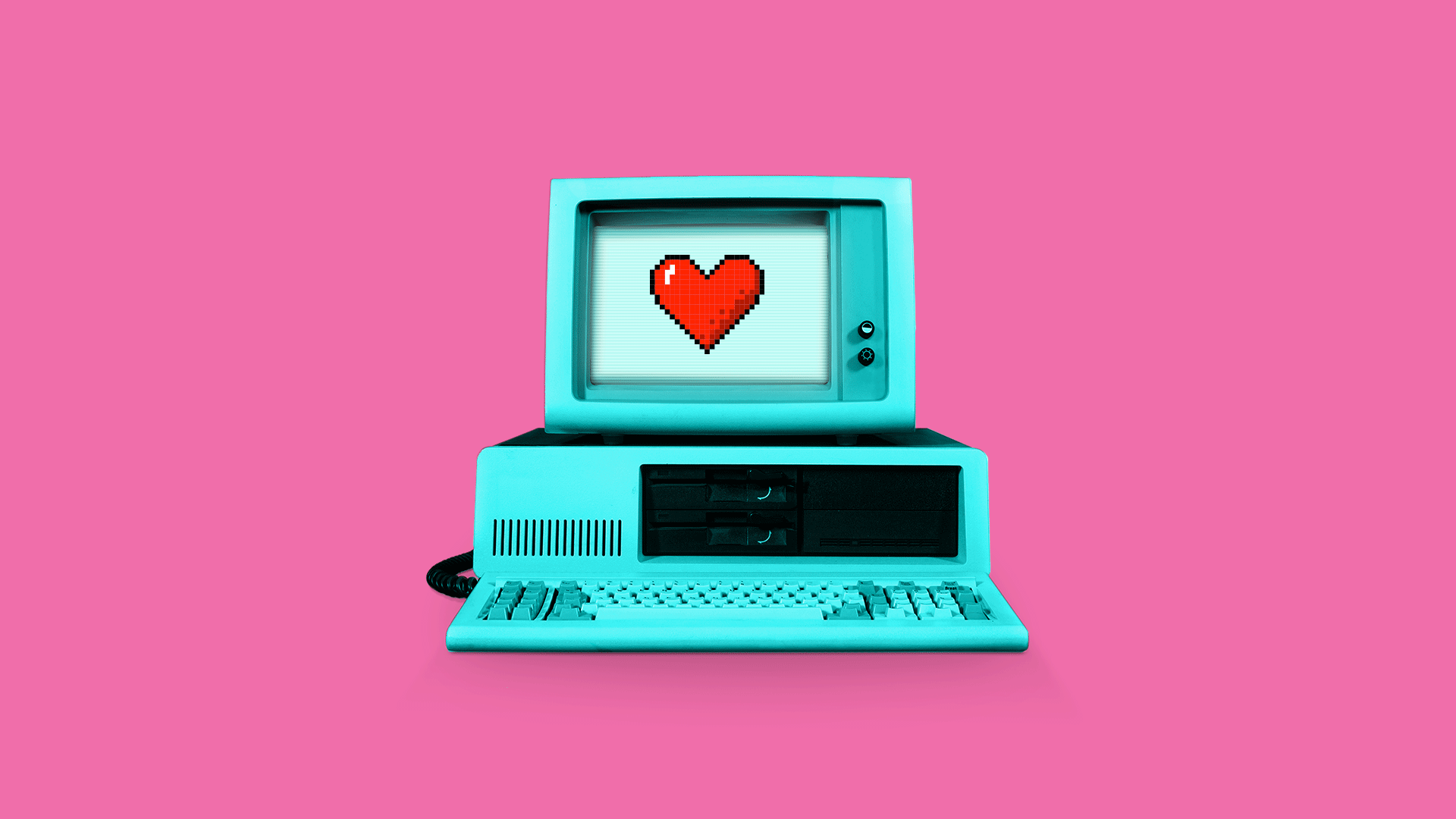 Animated illustration of a retro DOS computer with a pixelated heart breaking apart on the screen.