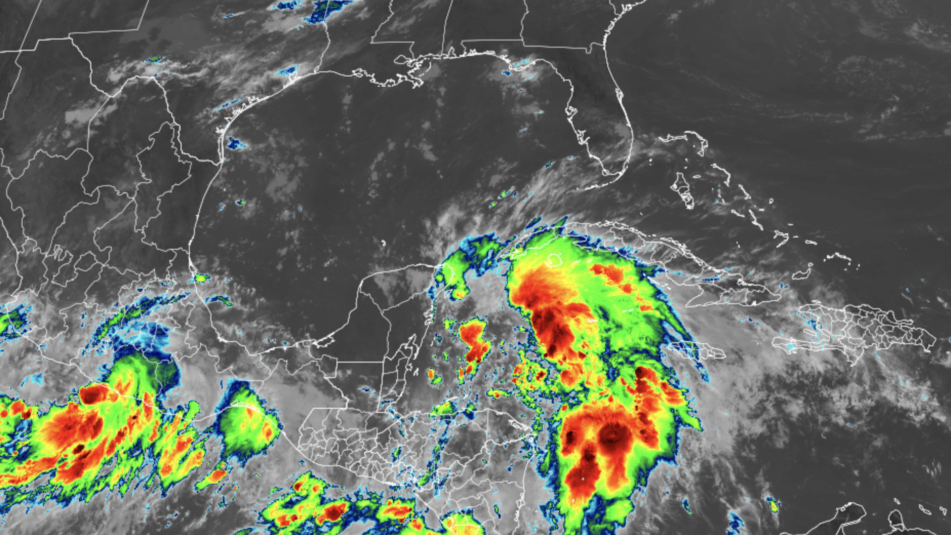 Image shows a satellite view of Tropical Storm Helene in the Caribbean.