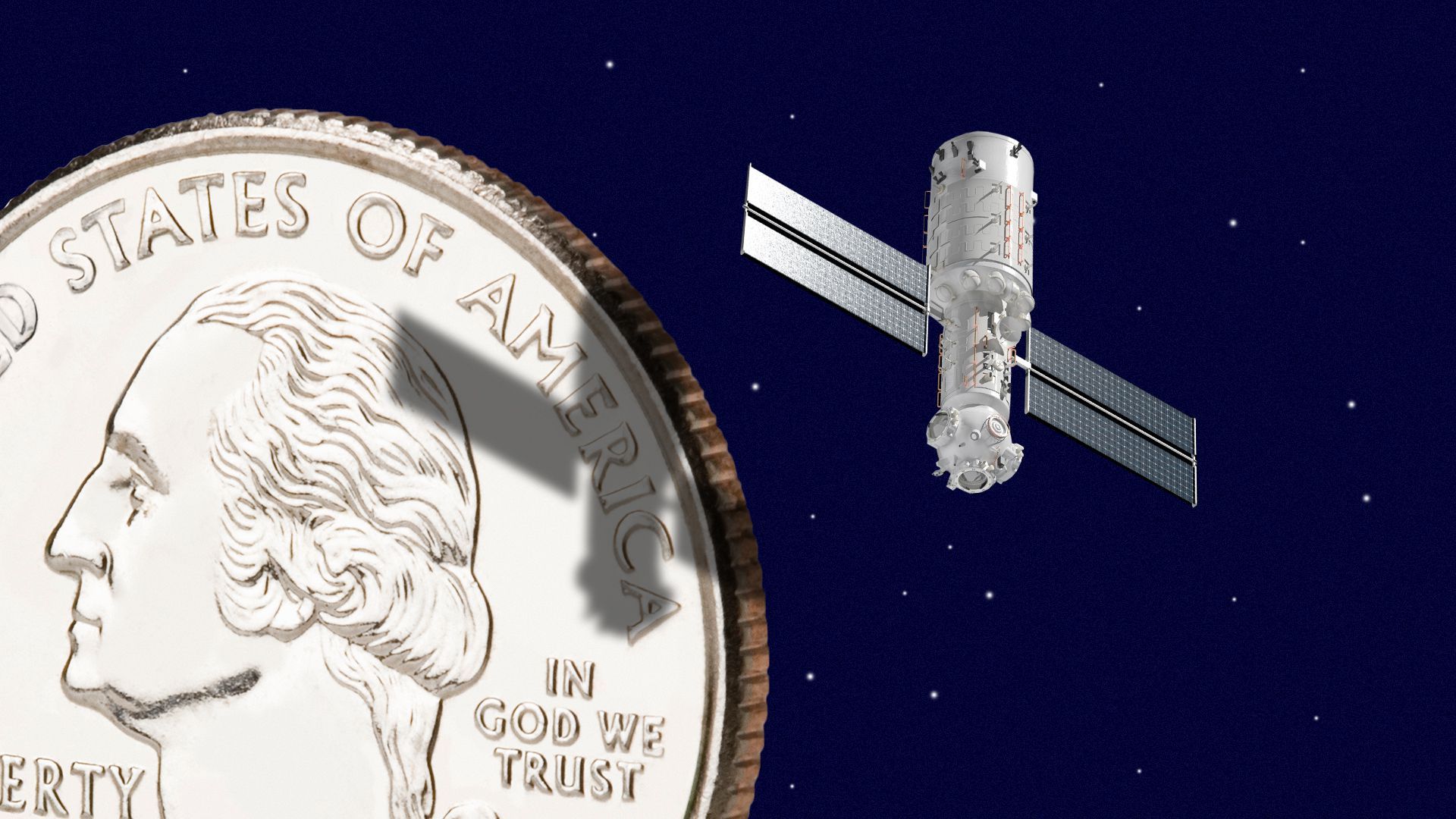 Illustration of a space station orbiting a giant U.S. quarter