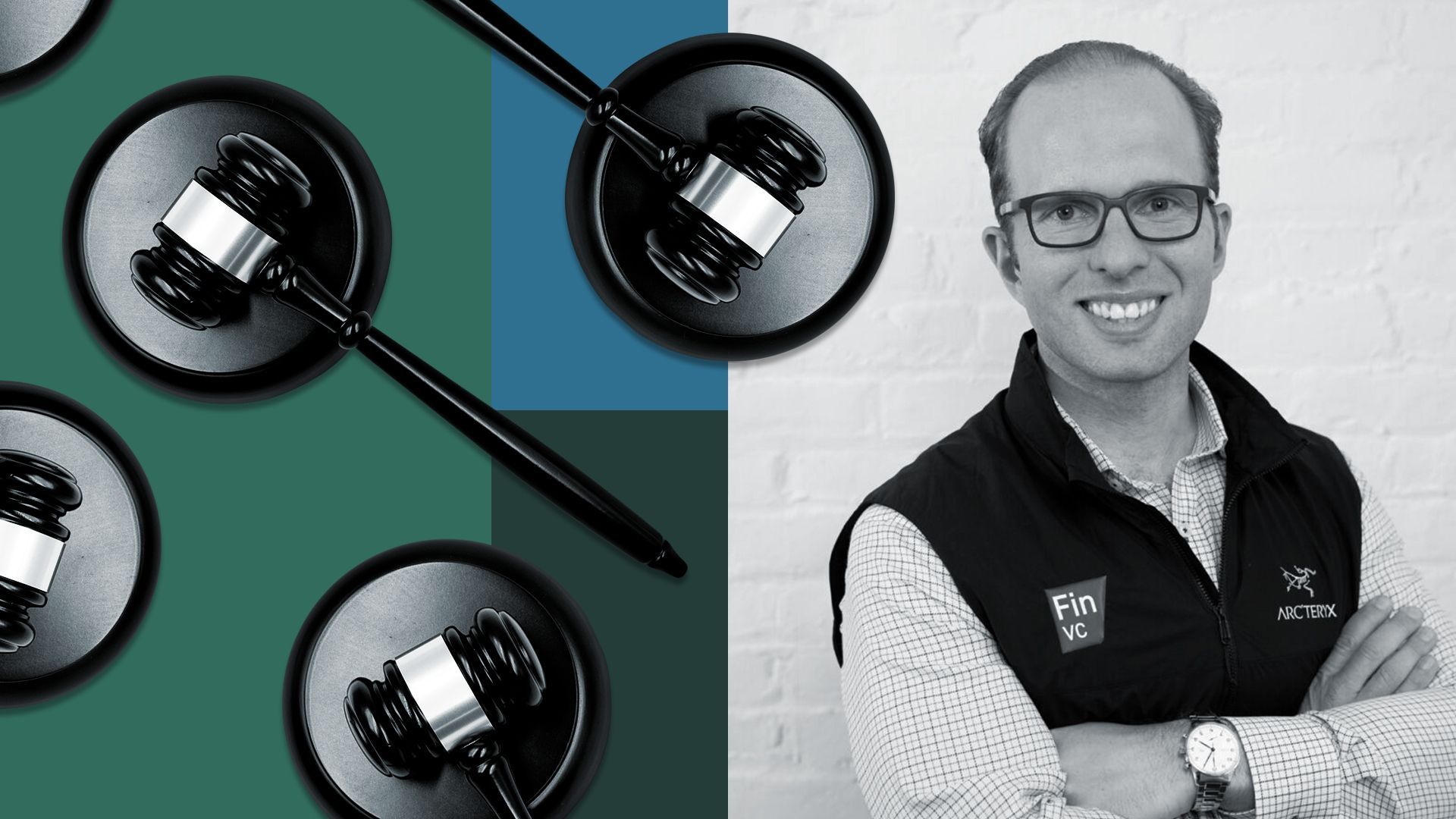 Photo Illustration of Logan Allin, Managing Partner at Fin Capital with a pattern of gavels