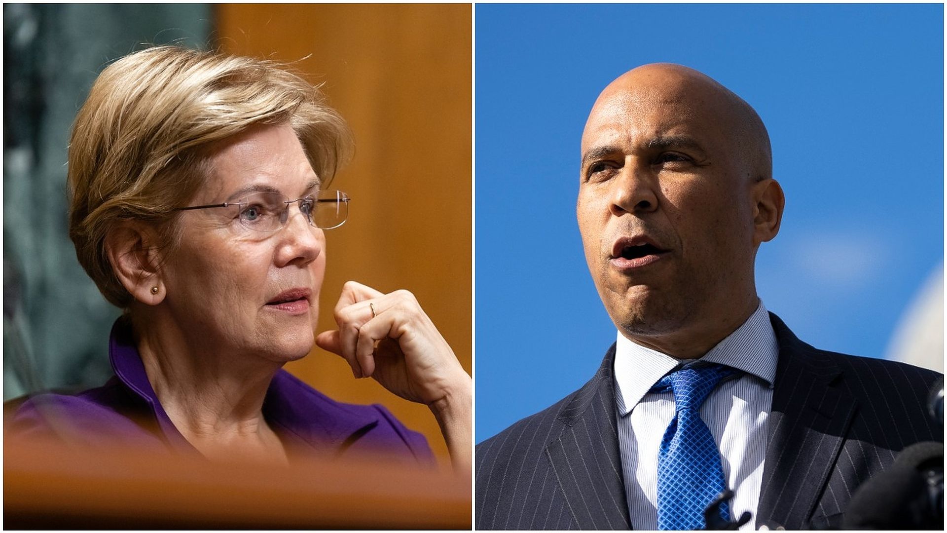 Combination images of Democratic Sens. Elizabeth Warren and Cory Booker.