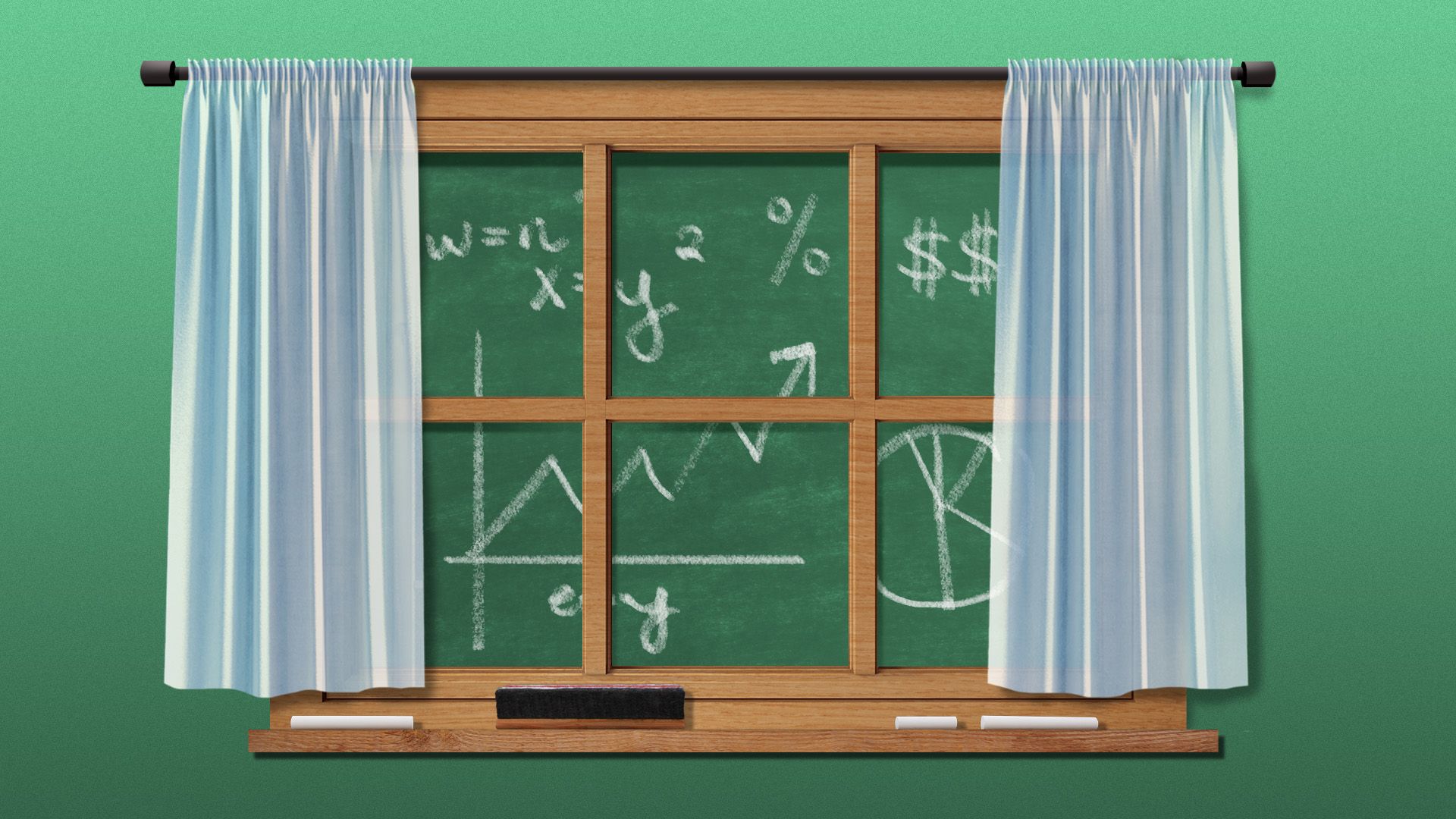 Illustration of a chalkboard with economic symbols viewed through a window with curtains