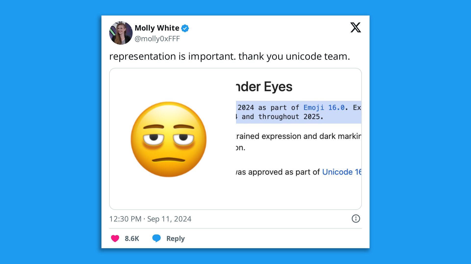 Tweet that says "representation is important. thank you unicode team" and then includes the new emoji with bags under its eyes.