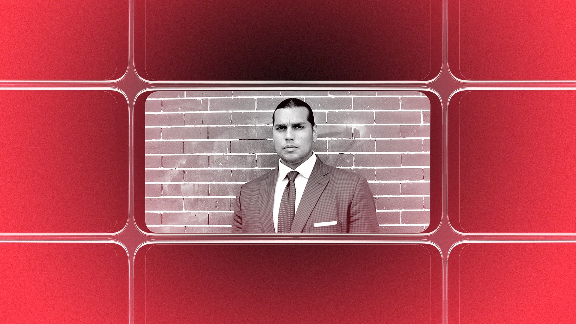 Photo illustration of a grid of smartphone screens, the center one showing an image of Cesar Hernandez.