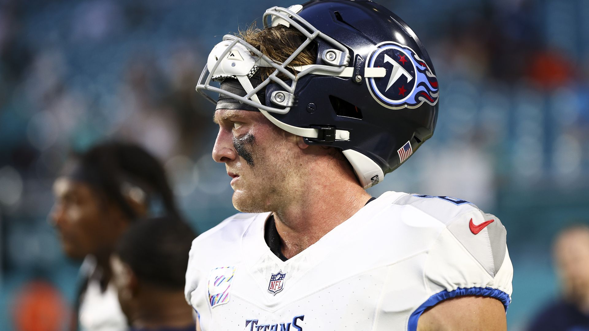 Will Levis #8 of the Tennessee Titans looks on prior to a game against the Miami Dolphins, Monday at Hard Rock Stadium on September 30, 2024 in Miami Gardens, Florida.