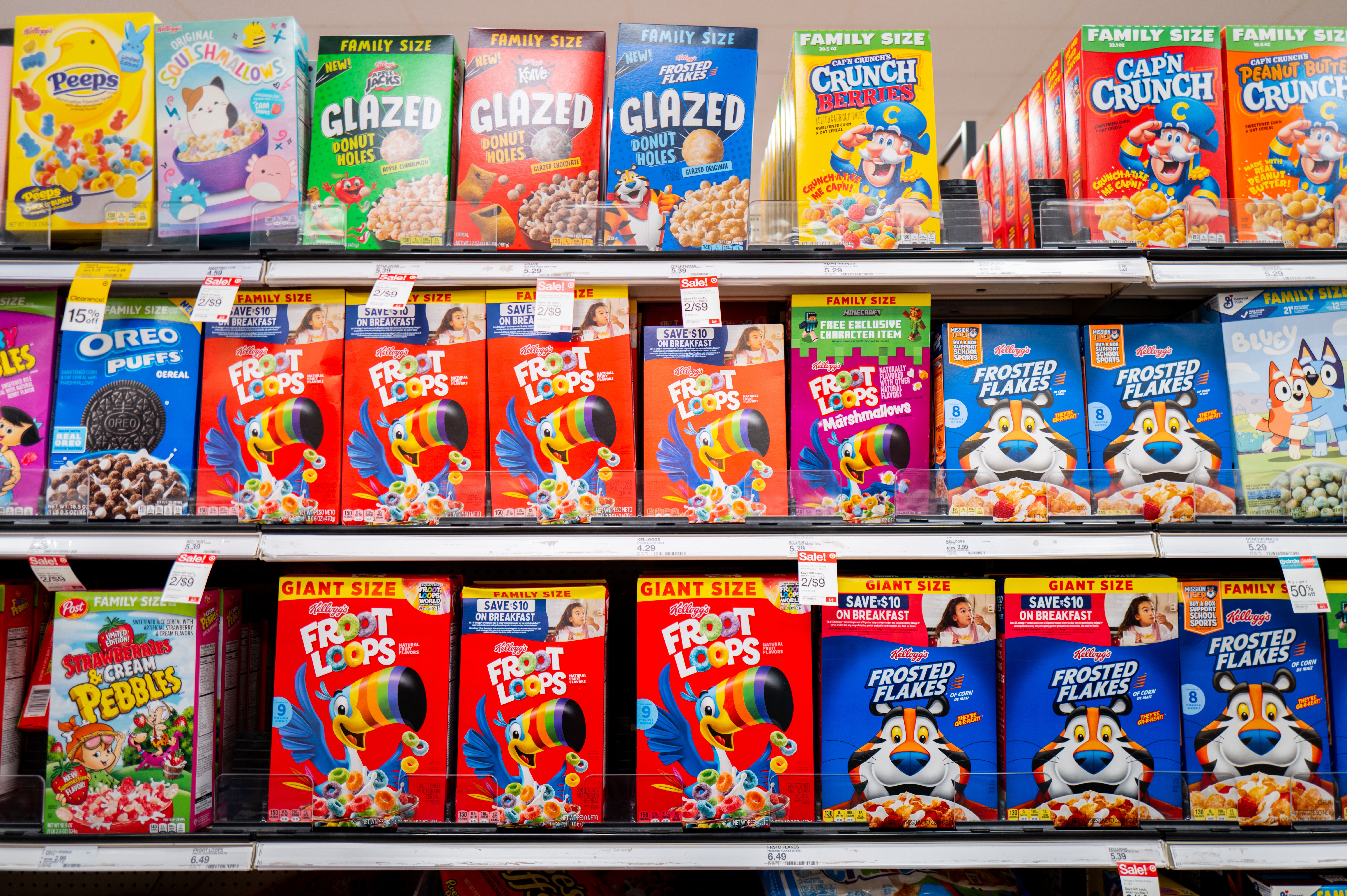 Boxes of cereal line shelves at a Target store in Austin, Texas