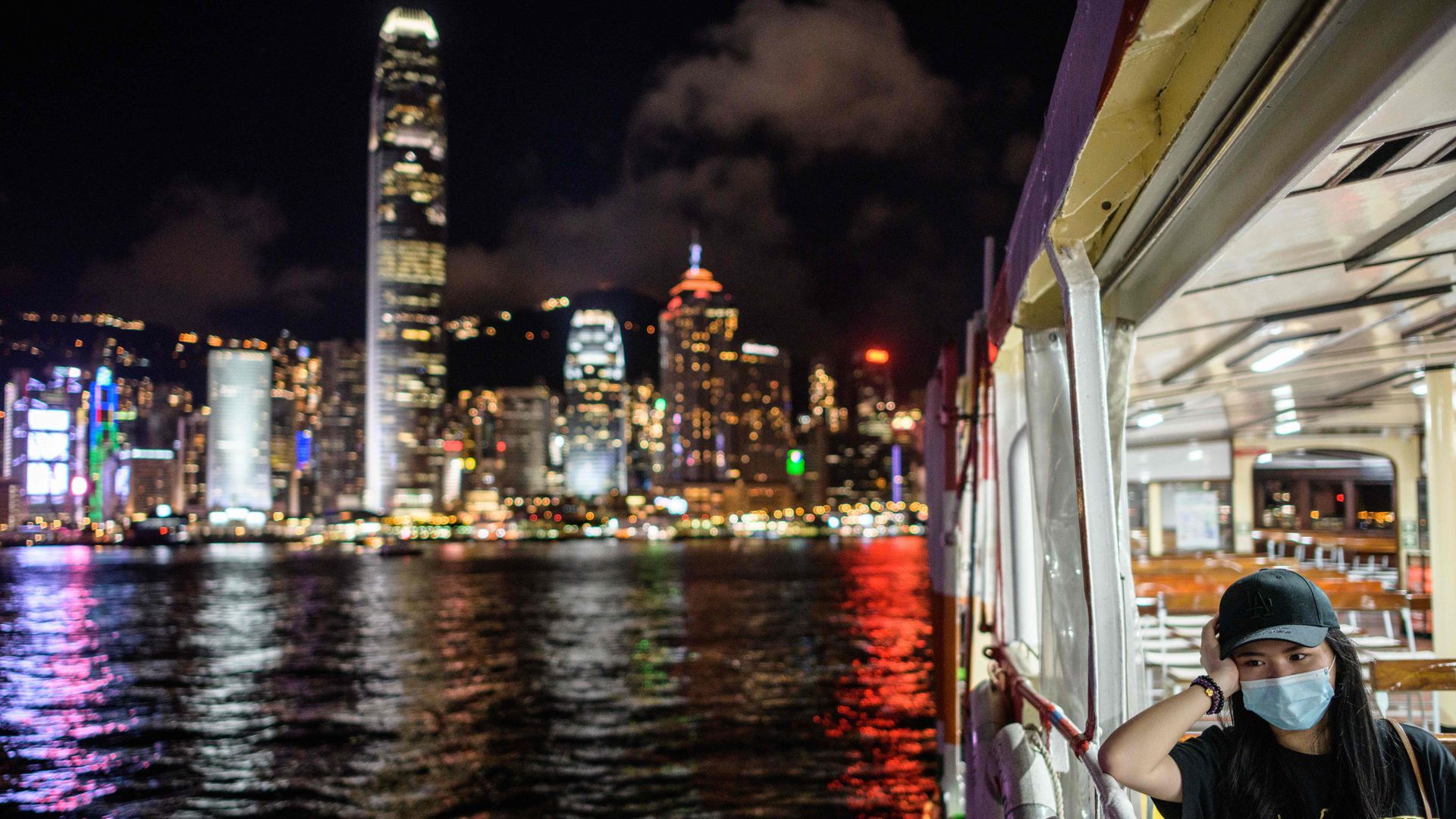 A glum harbor ride in Hong Kong.