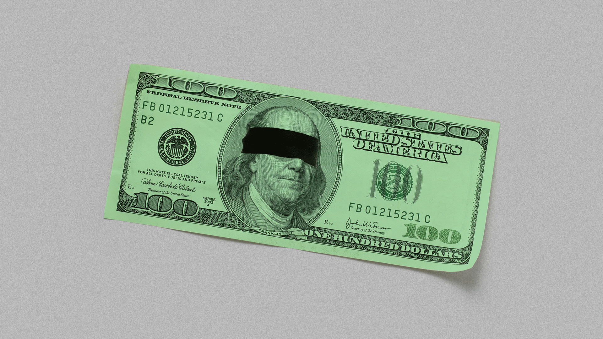 Illustration of a one hundred dollar bill with Benjamin Franklin wearing a blindfold. 