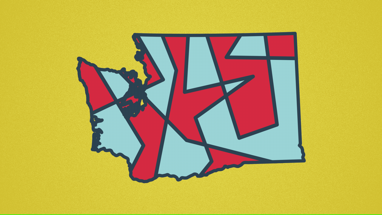 Animated illustration of Washington state with red and blue districts in it changing shape.