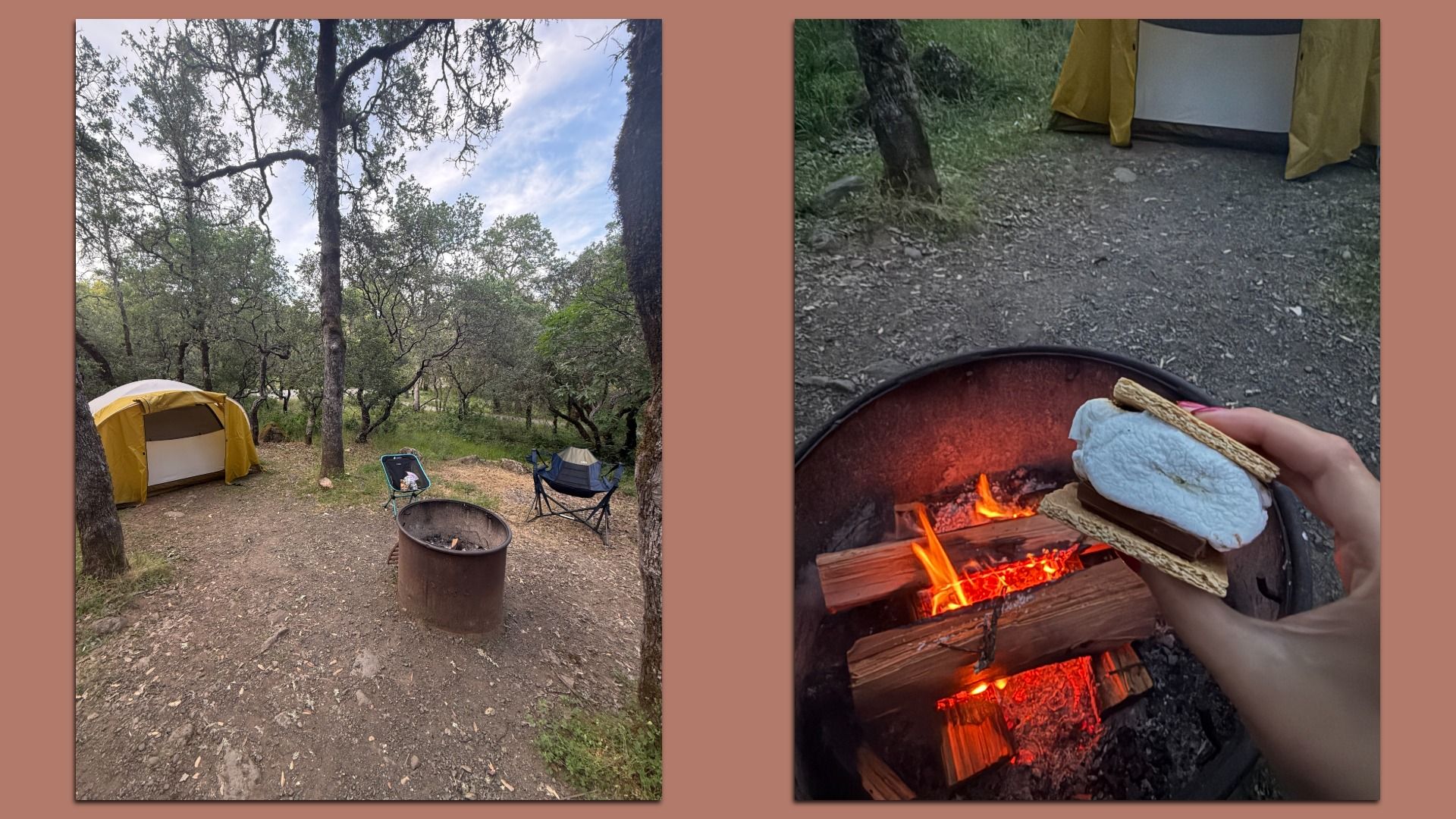Two-panel campsite: left shows a yellow tent among trees, a metal fire pit, and two folding chairs on a dirt clearing; right shows a hand holding a toasted s'more over a campfire.