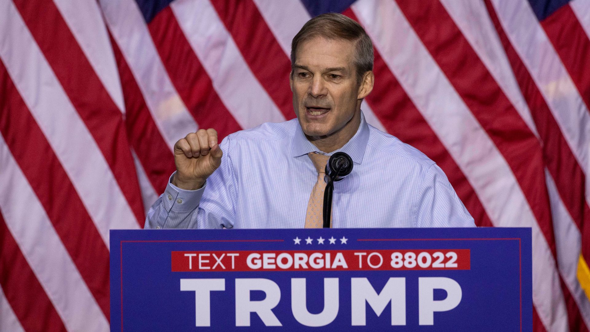Representative Jim Jordan, a Republican from Ohio, speaks during a "Get Out The Vote" rally with former US President Donald Trump, not pictured, at the Forum River Center in Rome, Georgia, US, on Saturday, March 9, 2024. Trump has all but clinched the Republican presidential nomination with a near-s