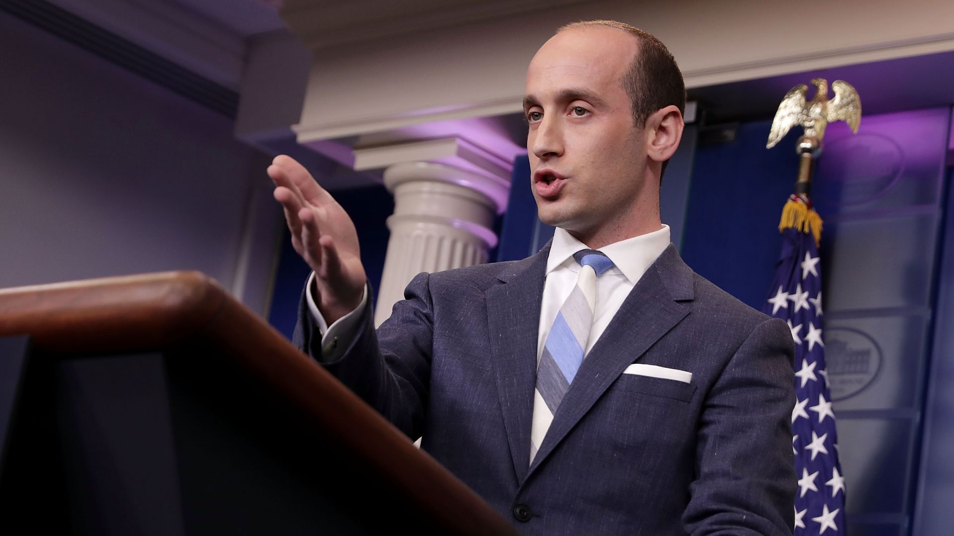 White House policy adviser Stephen Miller taking questions at a press briefing