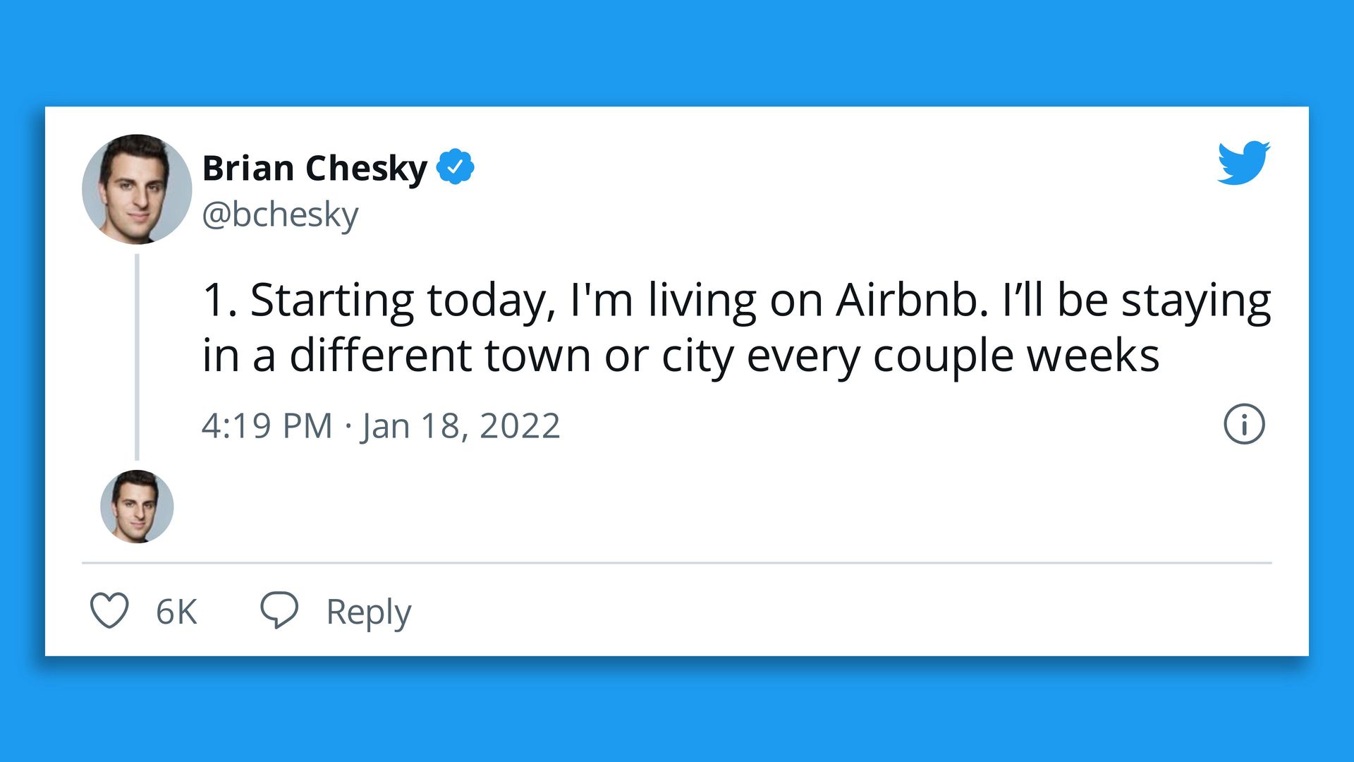 Screen shot of a tweet of the AirBnB CEO saying he'll be living in AirBnBs across the U.S.