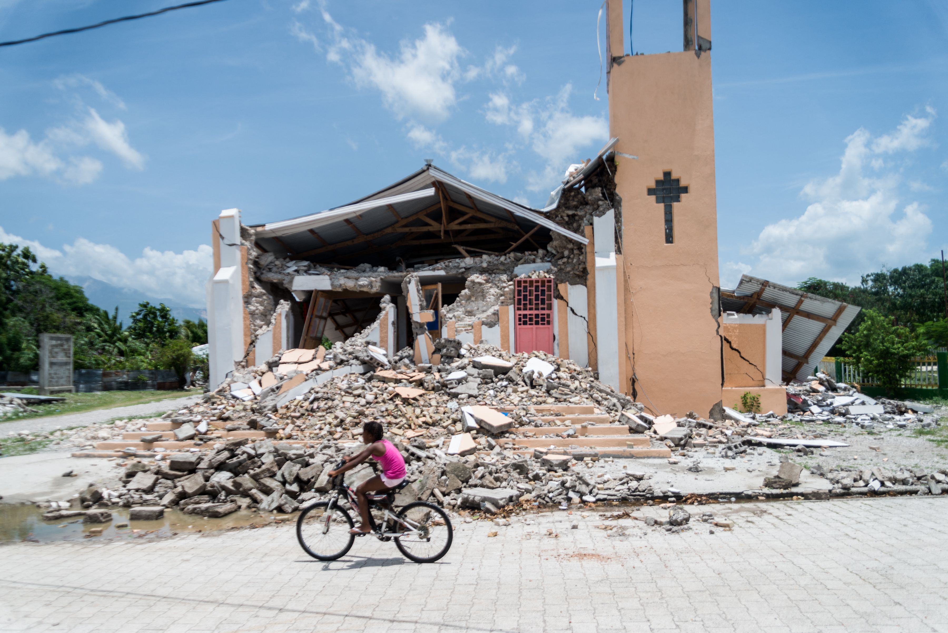 The Church St Anne is seen completely destroyed by the earthquake in Chardonnieres, Haiti 