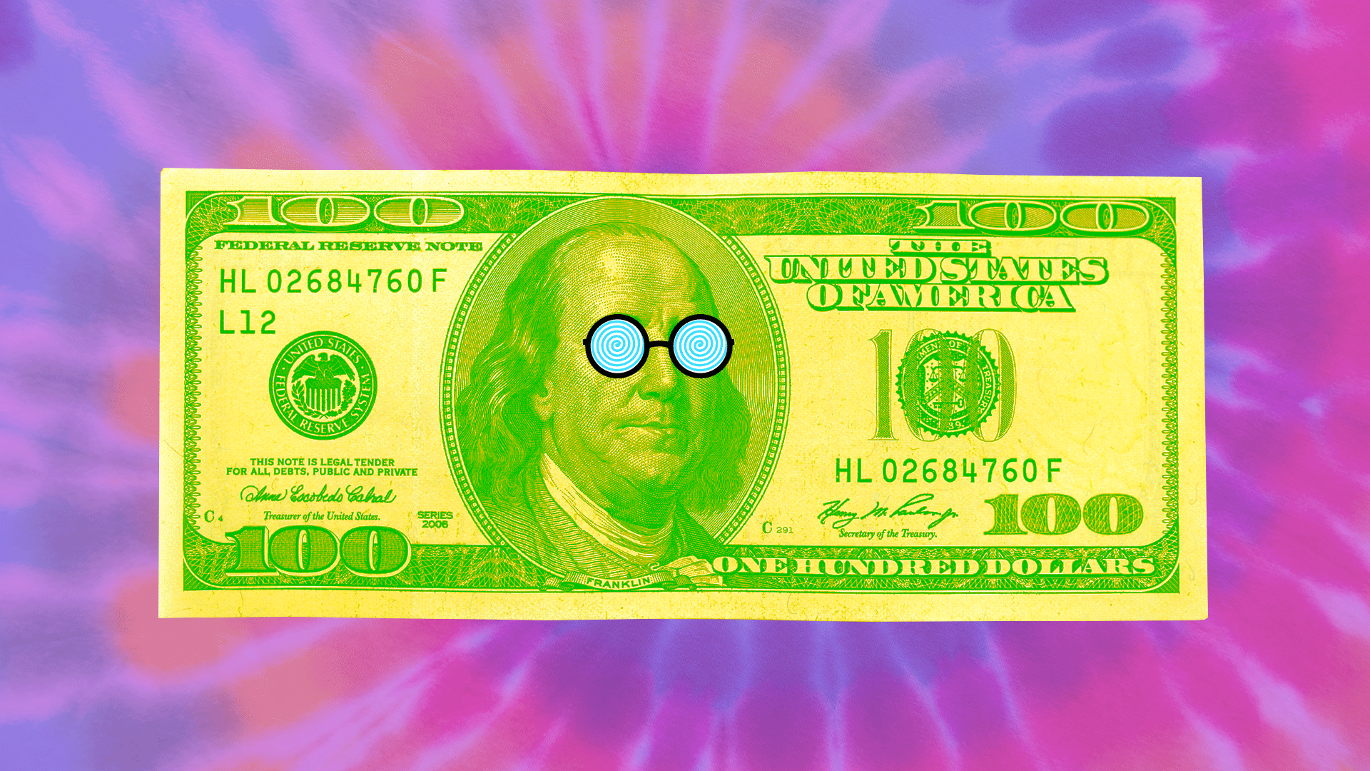 Animated illustration of a hundred dollar bill in psychedelic colors with Benjamin Franklin wearing swirling glasses. 